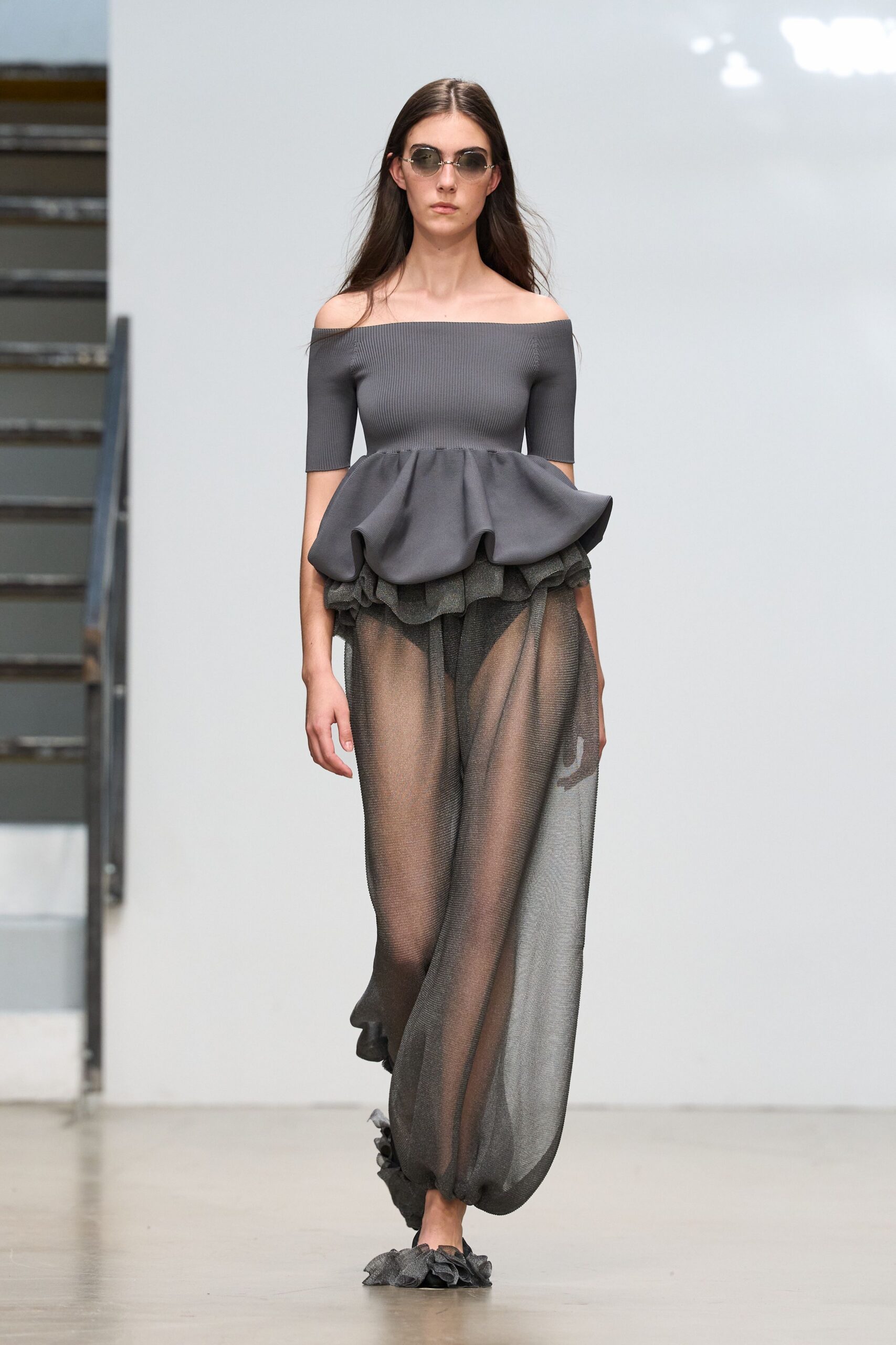 off-shoulder sheer mesh jumpsuit