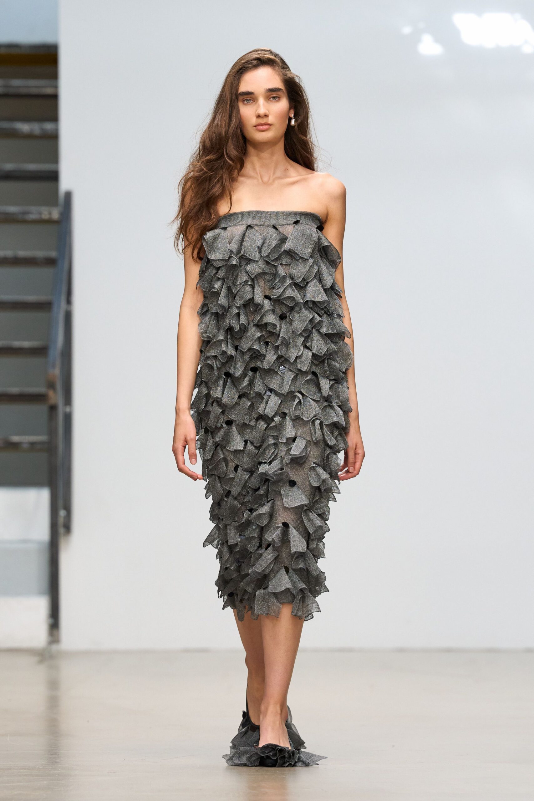 strapless ruffled sheer midi dress