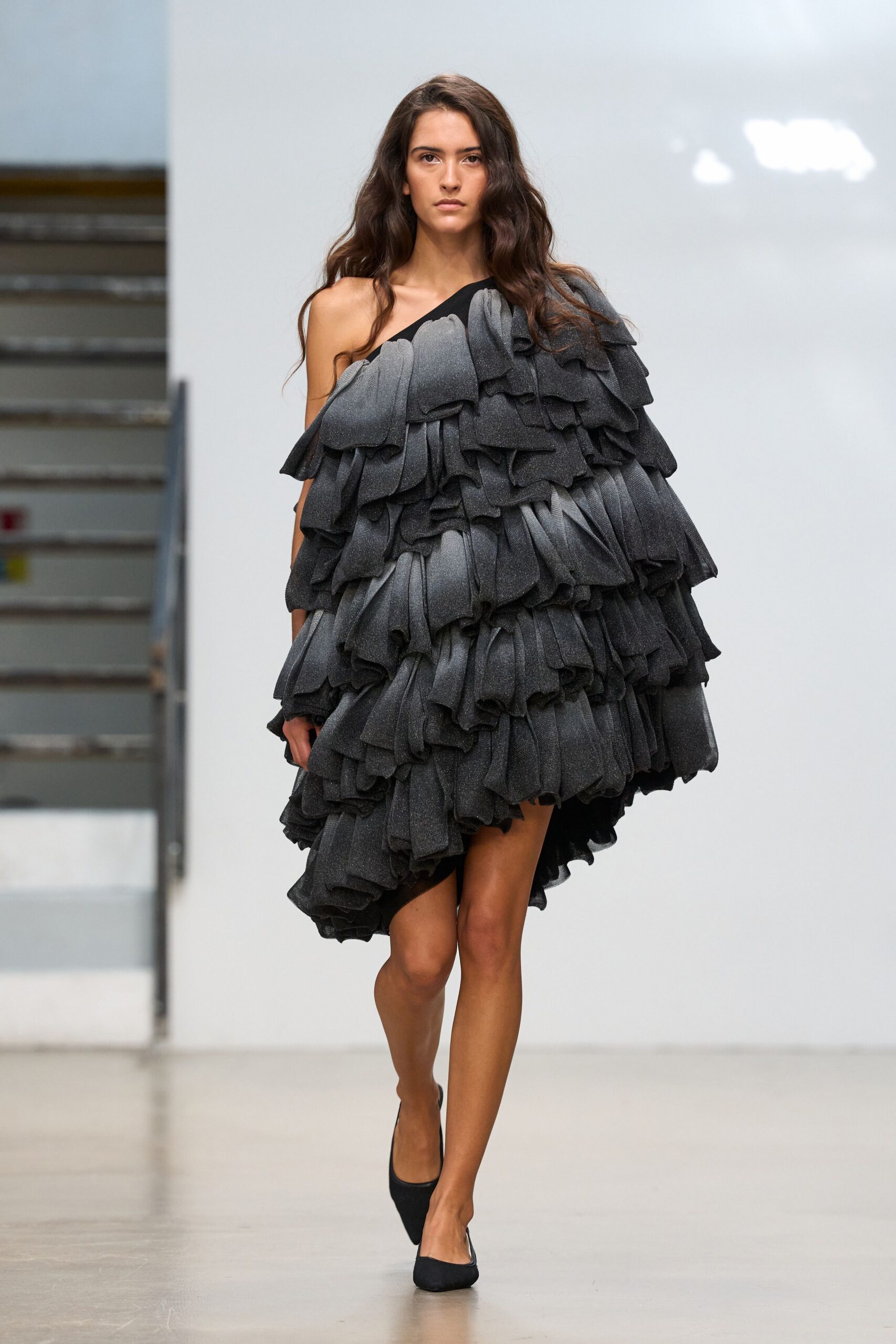 black off-shoulder asymmetric ruffled layered textured mini mini-dress