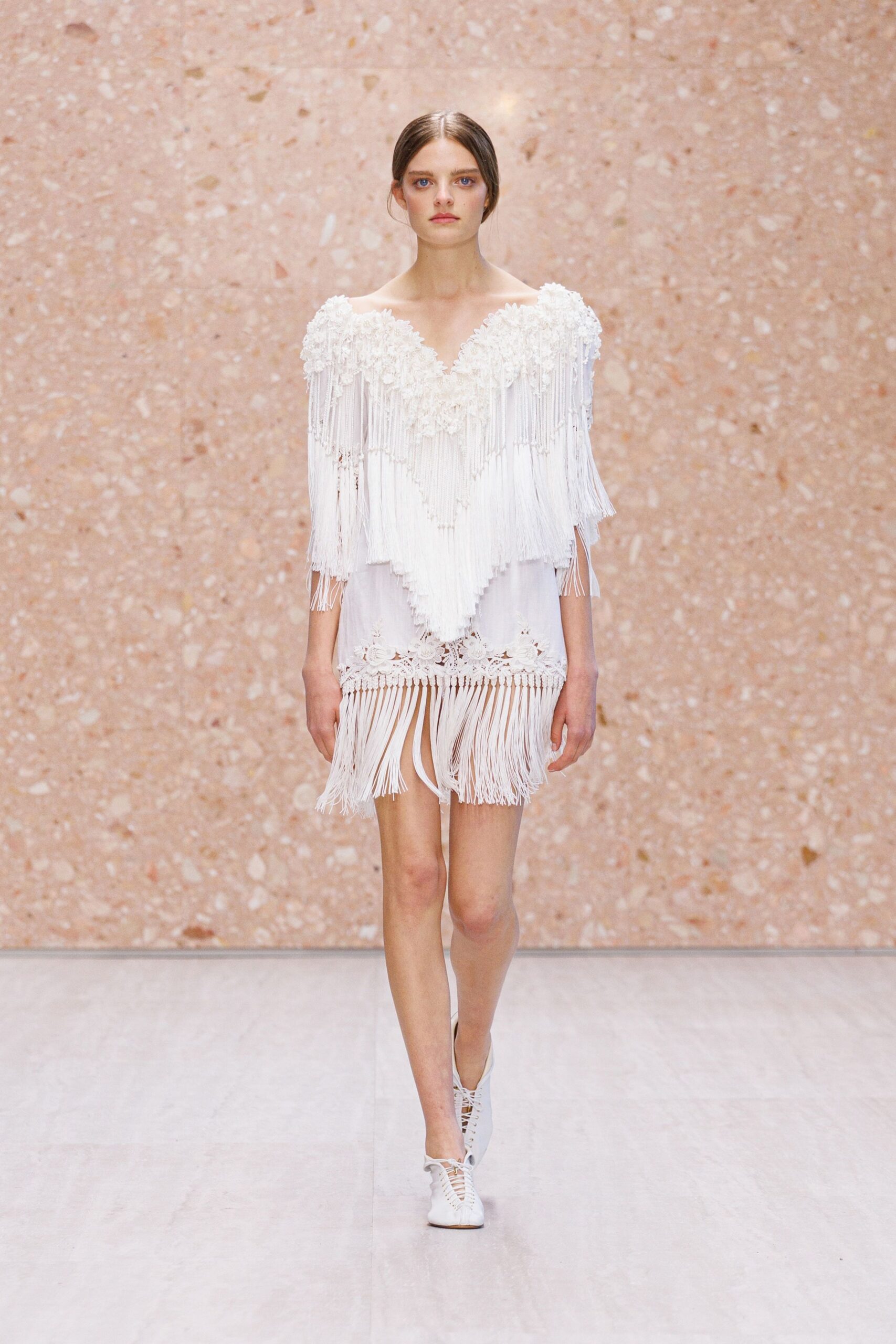 white fringed off-shoulder mini dress