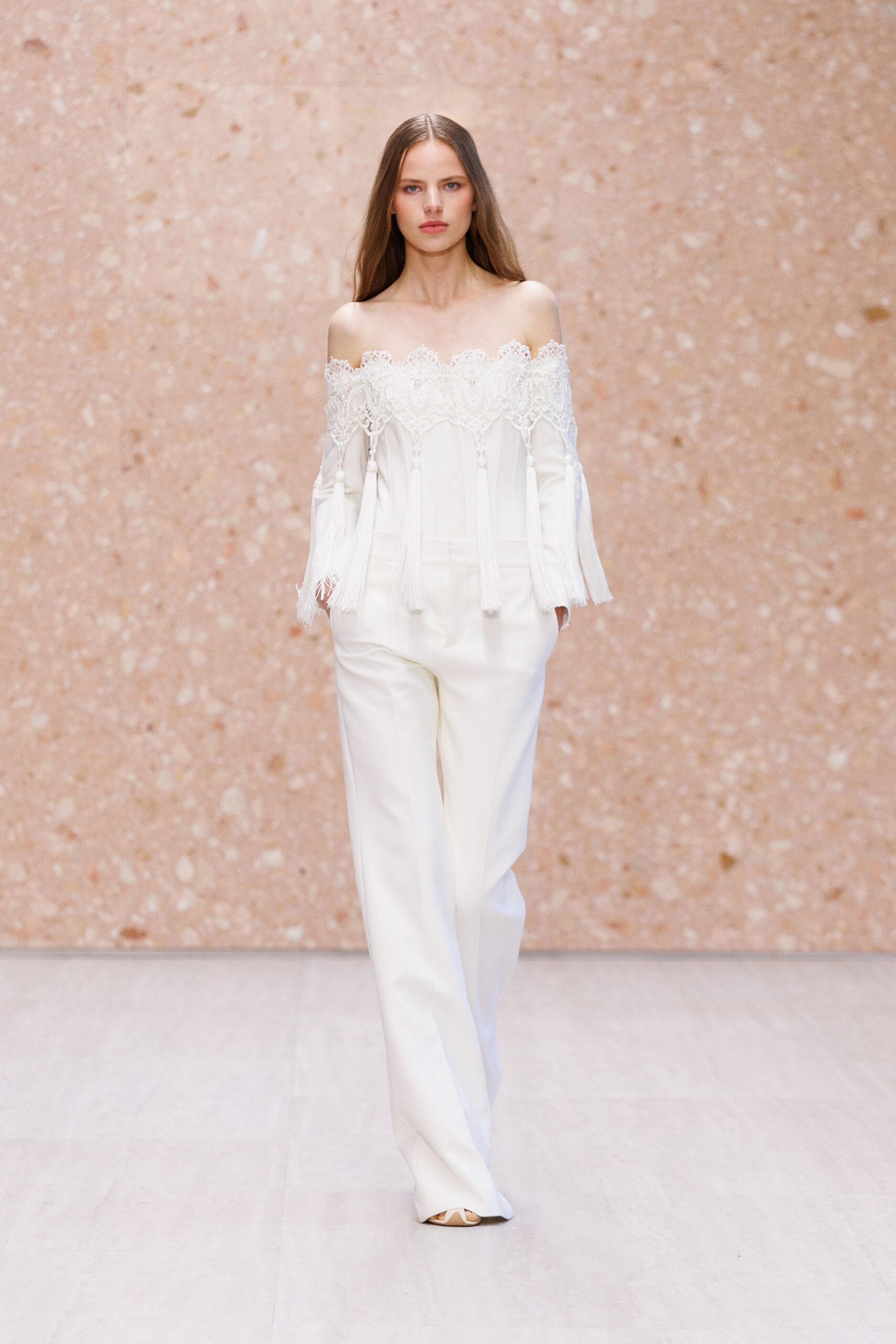off-shoulder lace tassel blouse