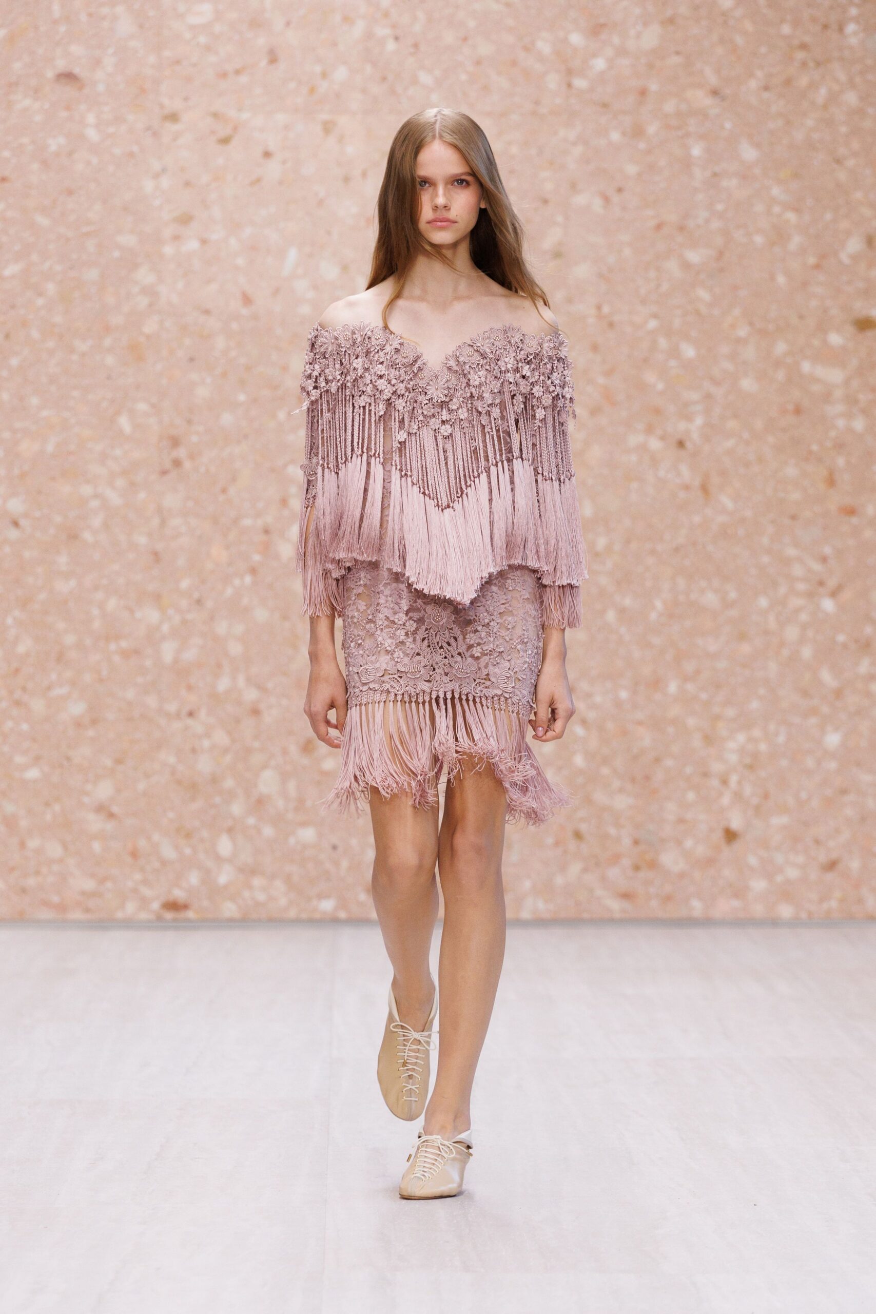 off-shoulder fringed lace mini dress