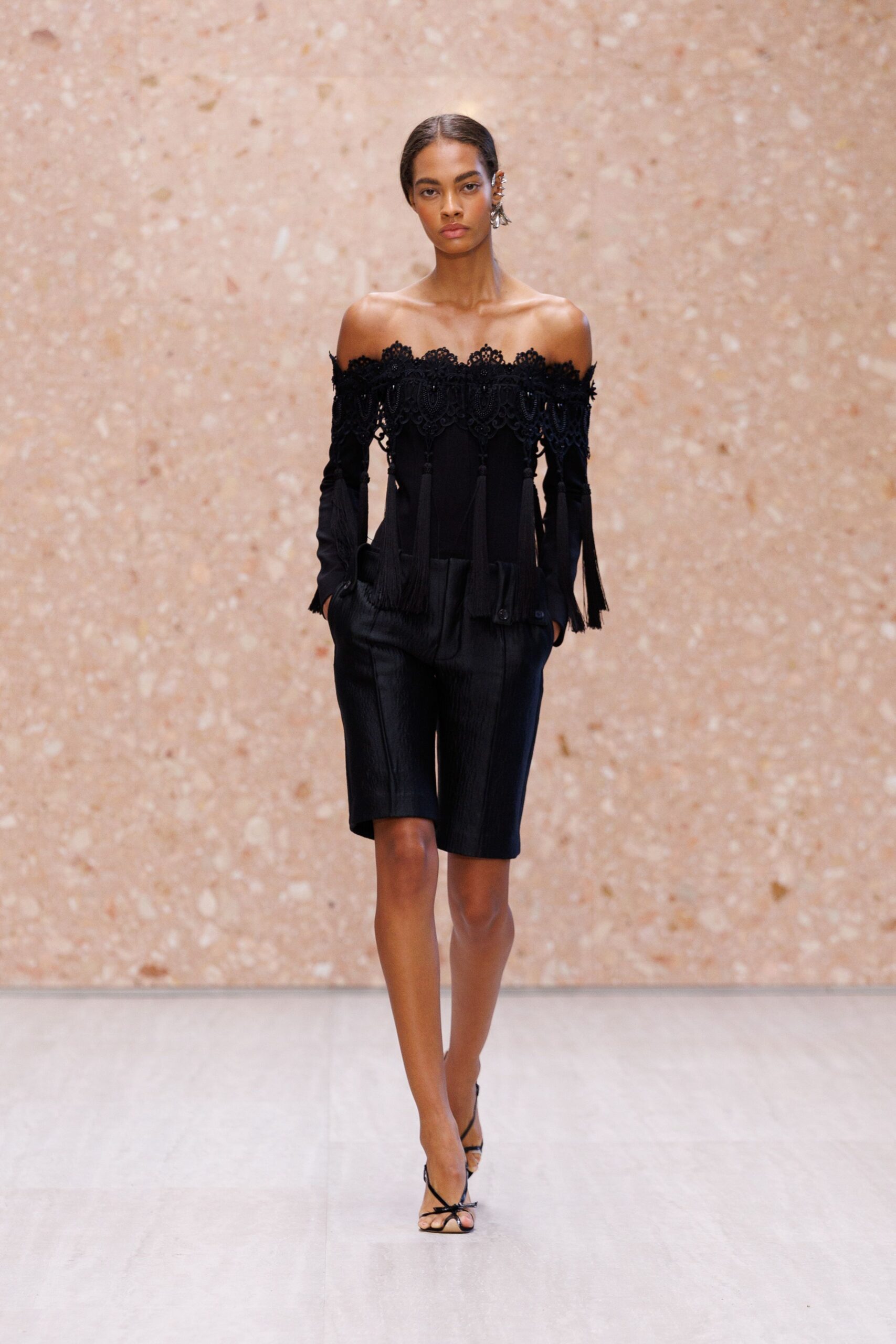 black off-shoulder lace tassel top