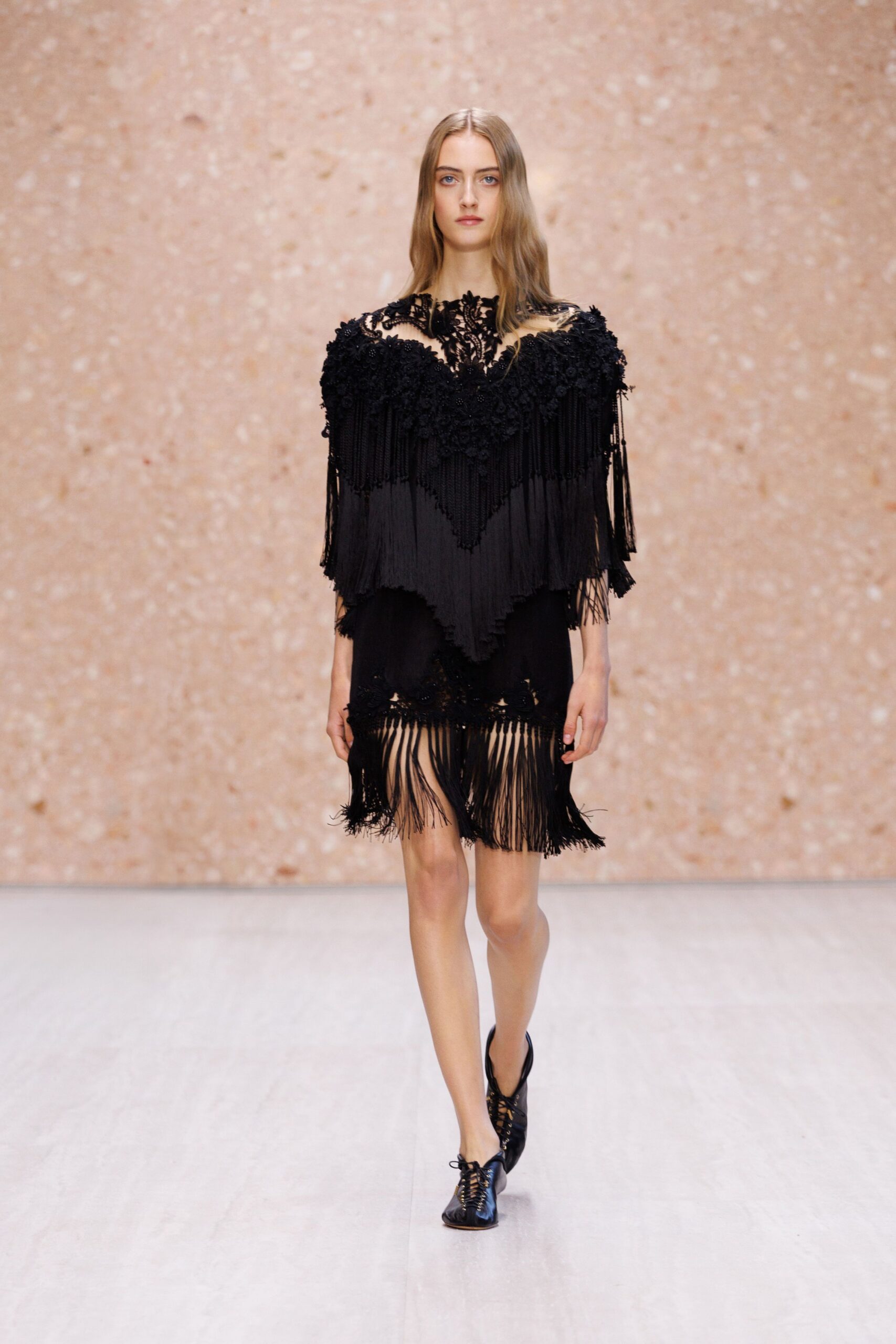 black fringed lace mini dress