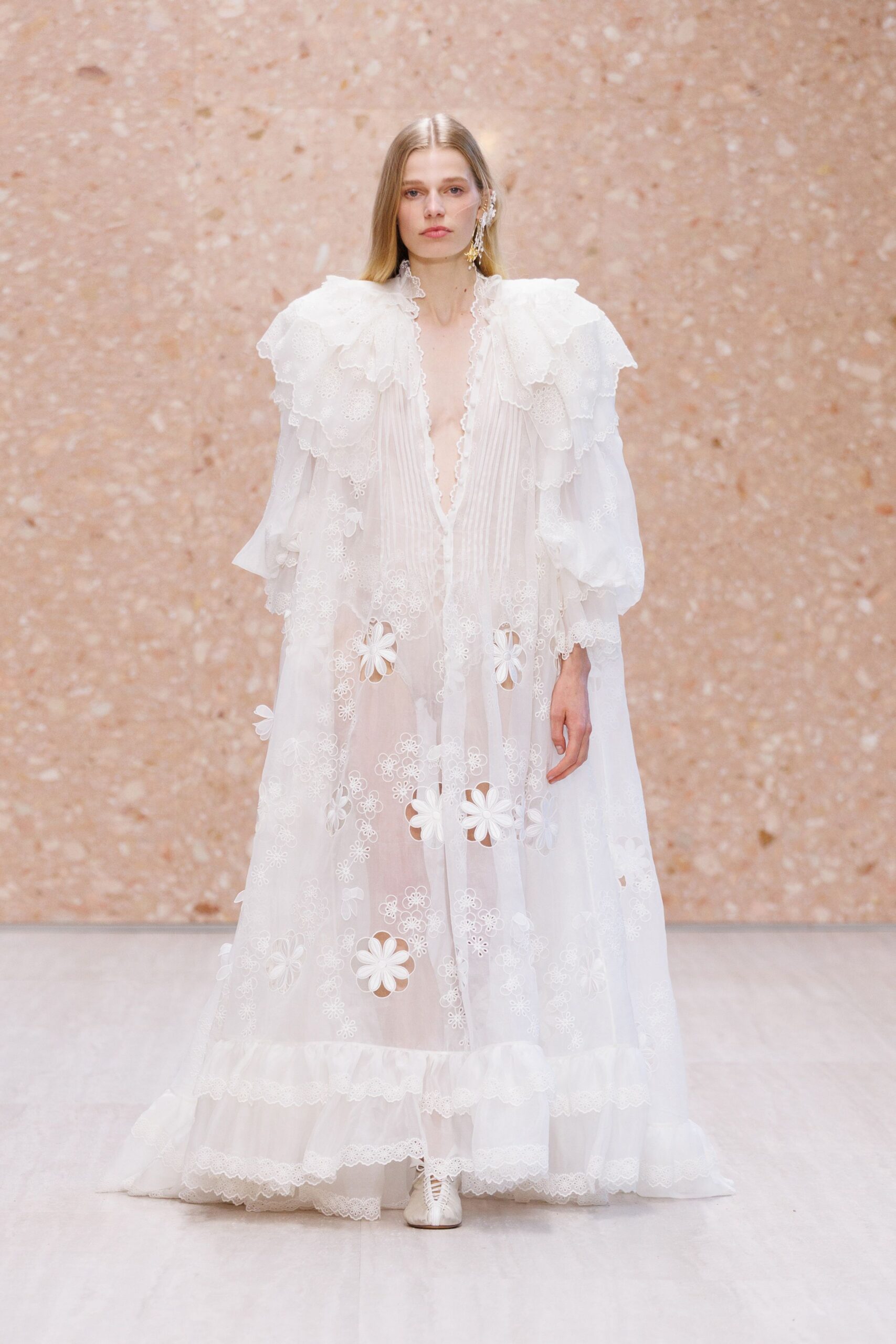 sheer floral embroidered ruffle gown