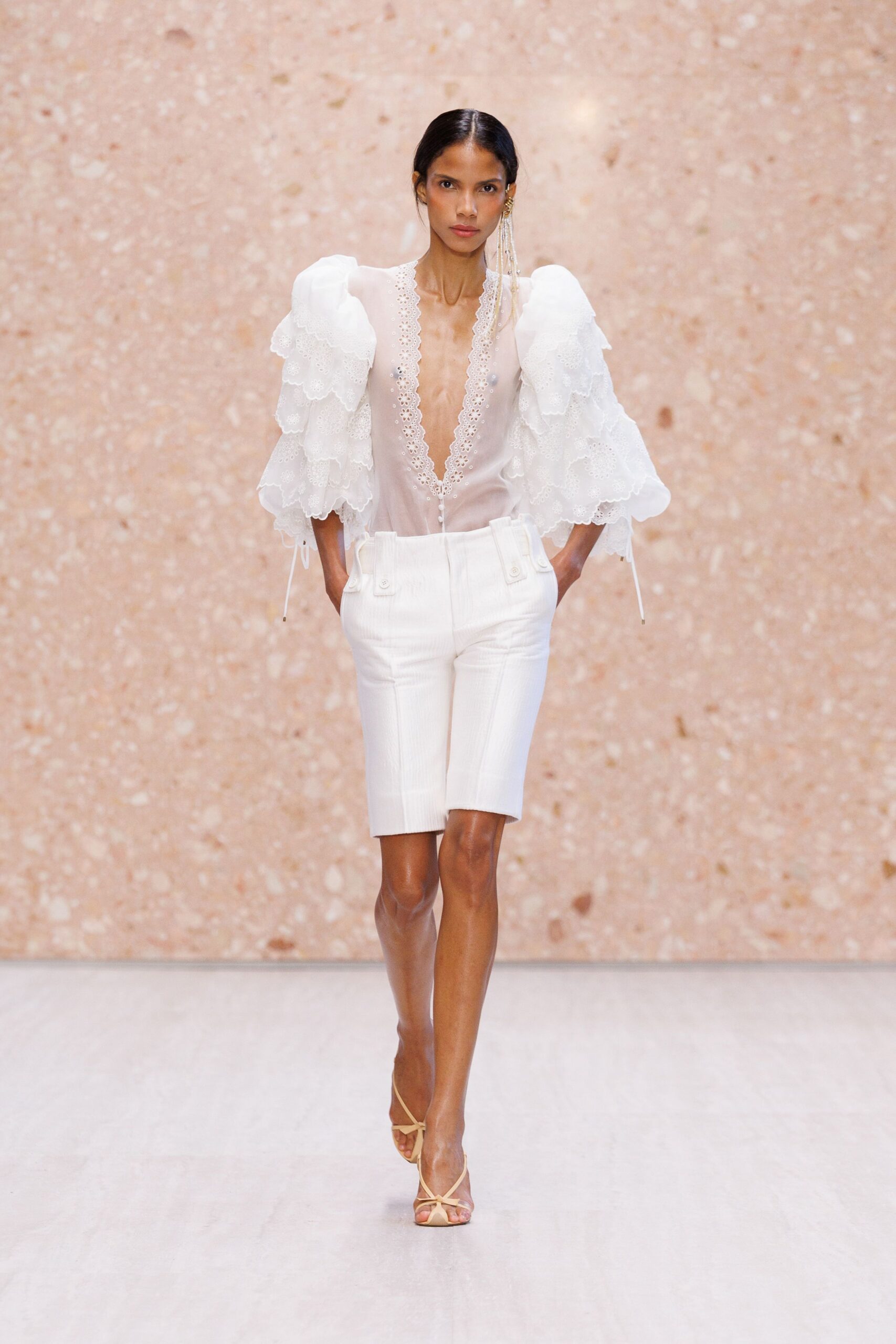 sheer lace-trim deep V blouse