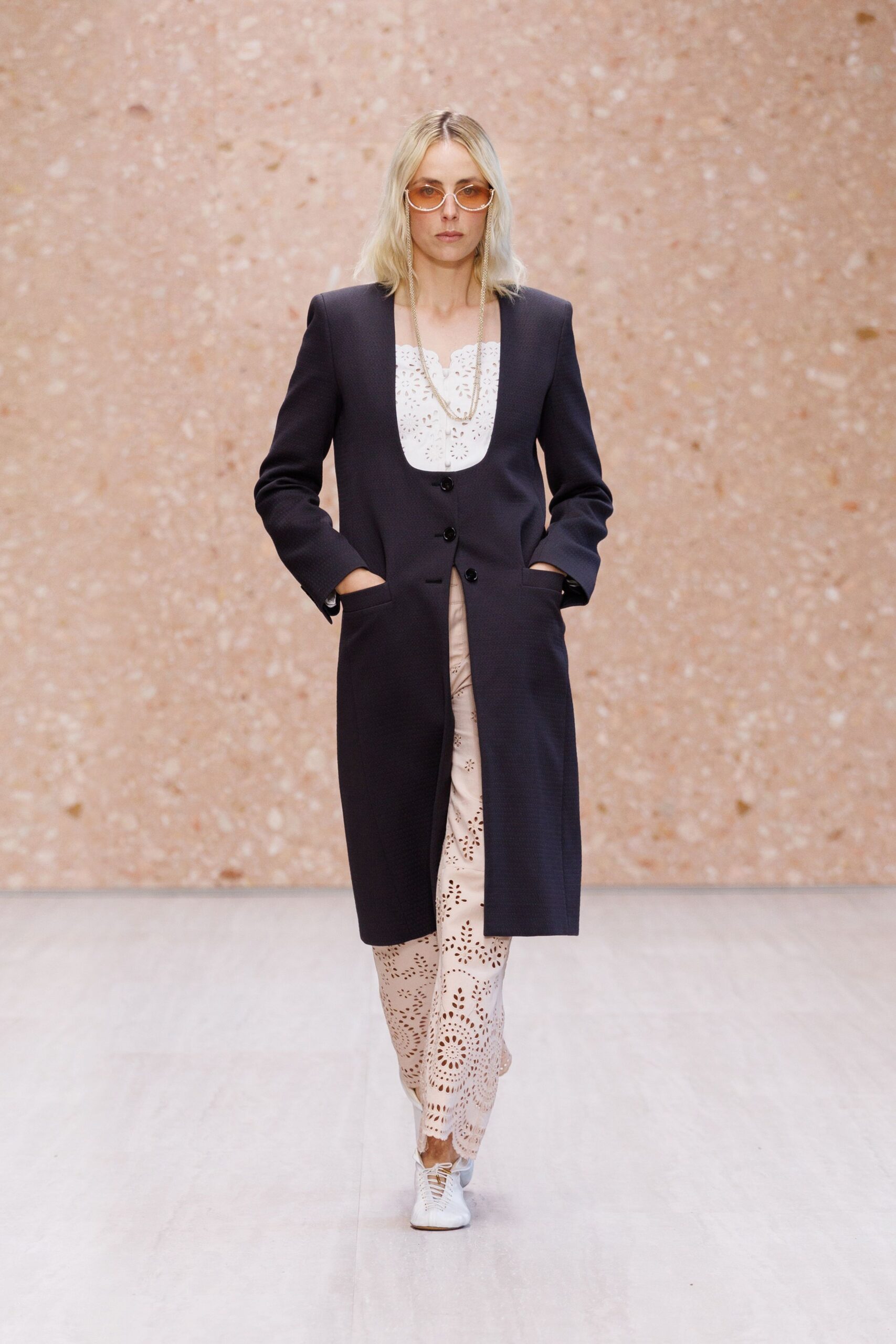 deep scoop-front black tailored coat