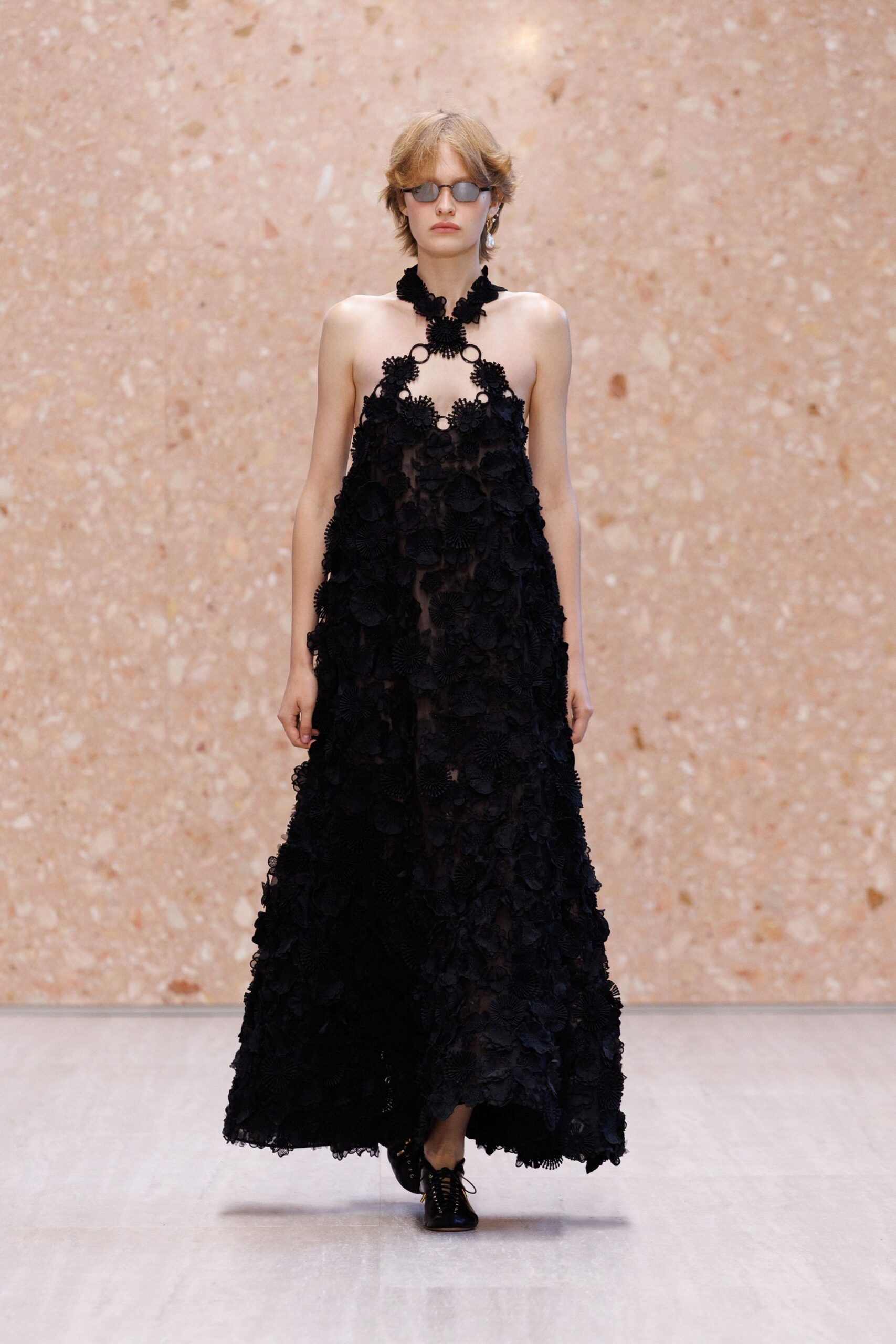 black floral appliqué halter evening gown