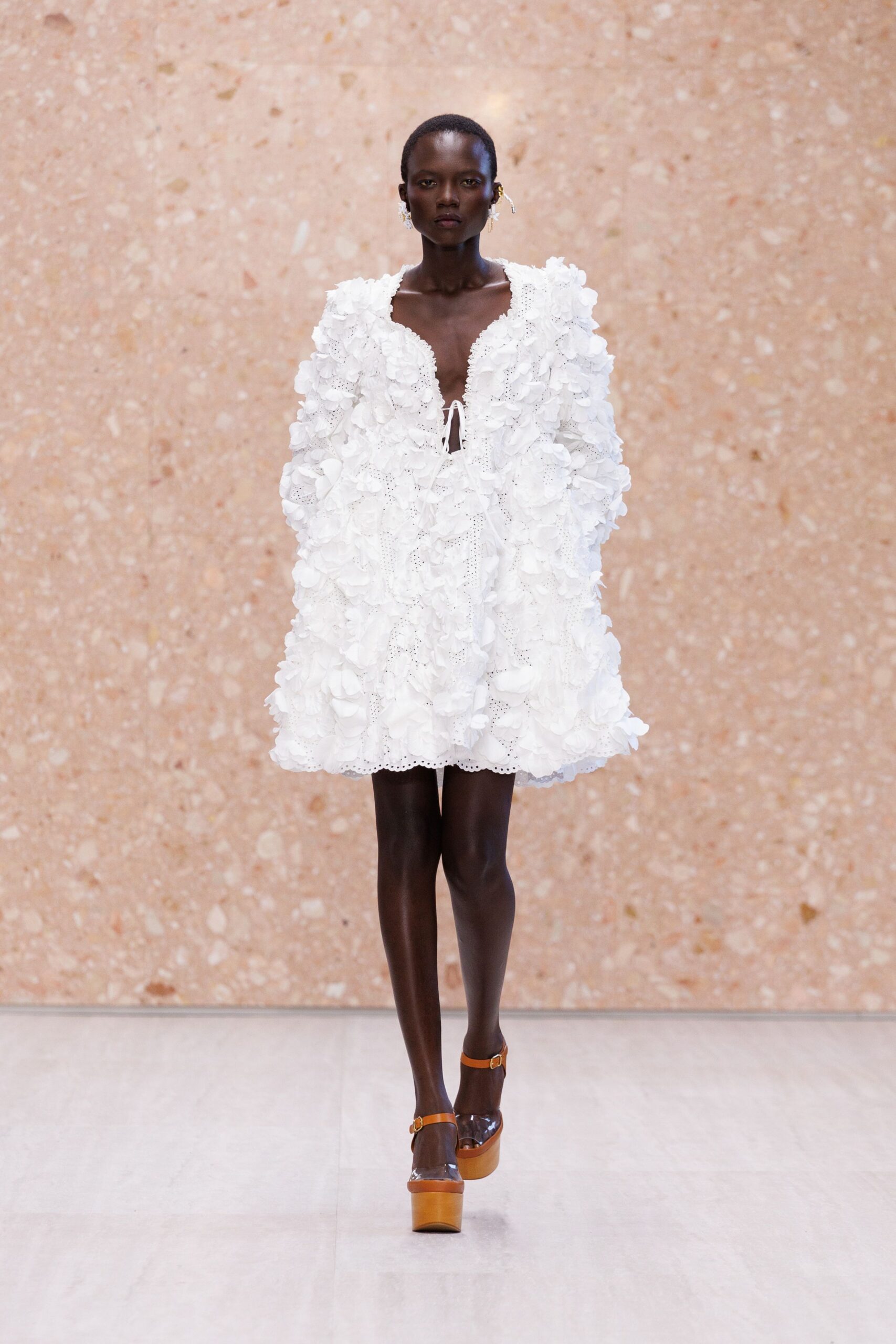 white petal-appliqué mini dress