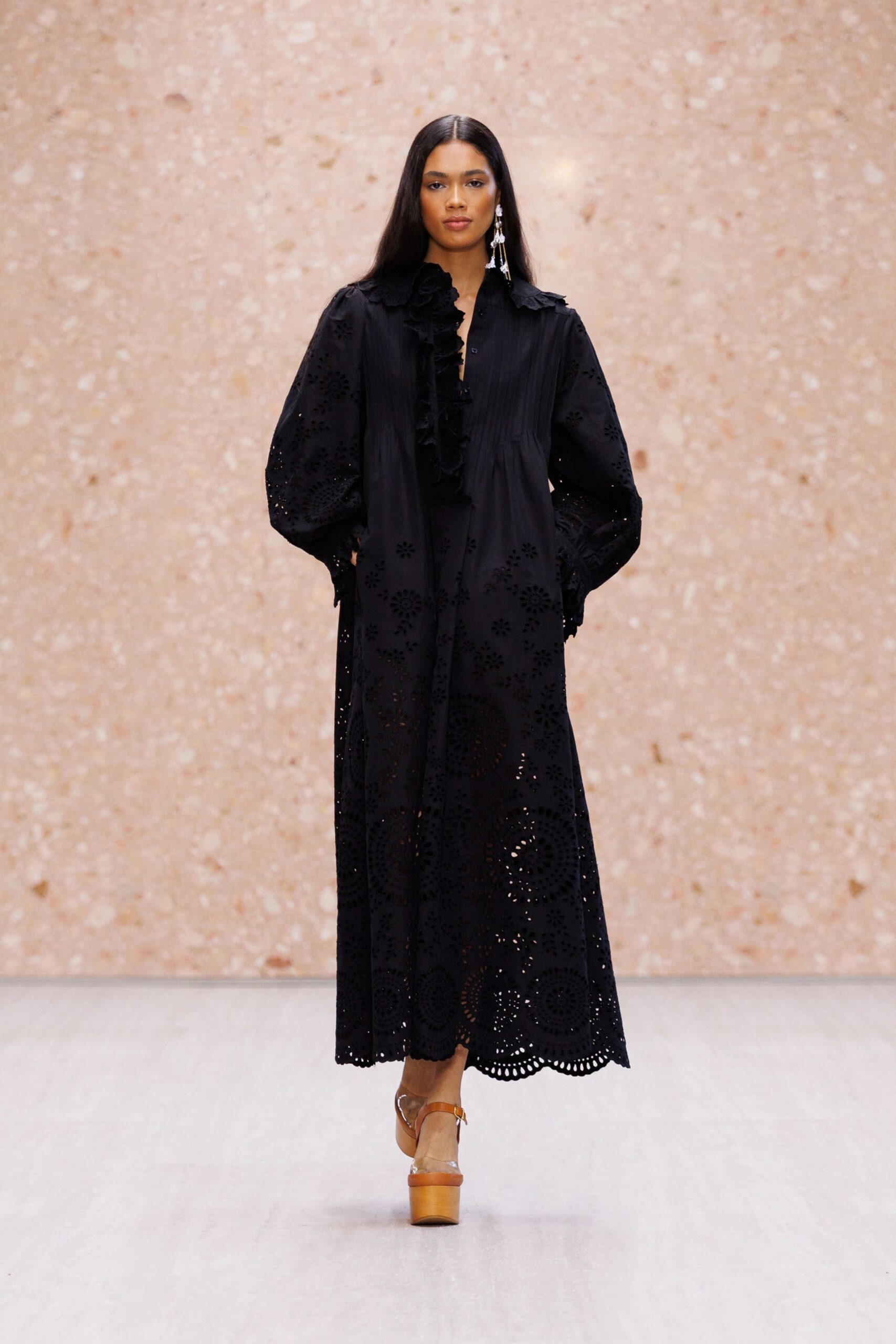 black broderie anglaise ruffle-front maxi dress