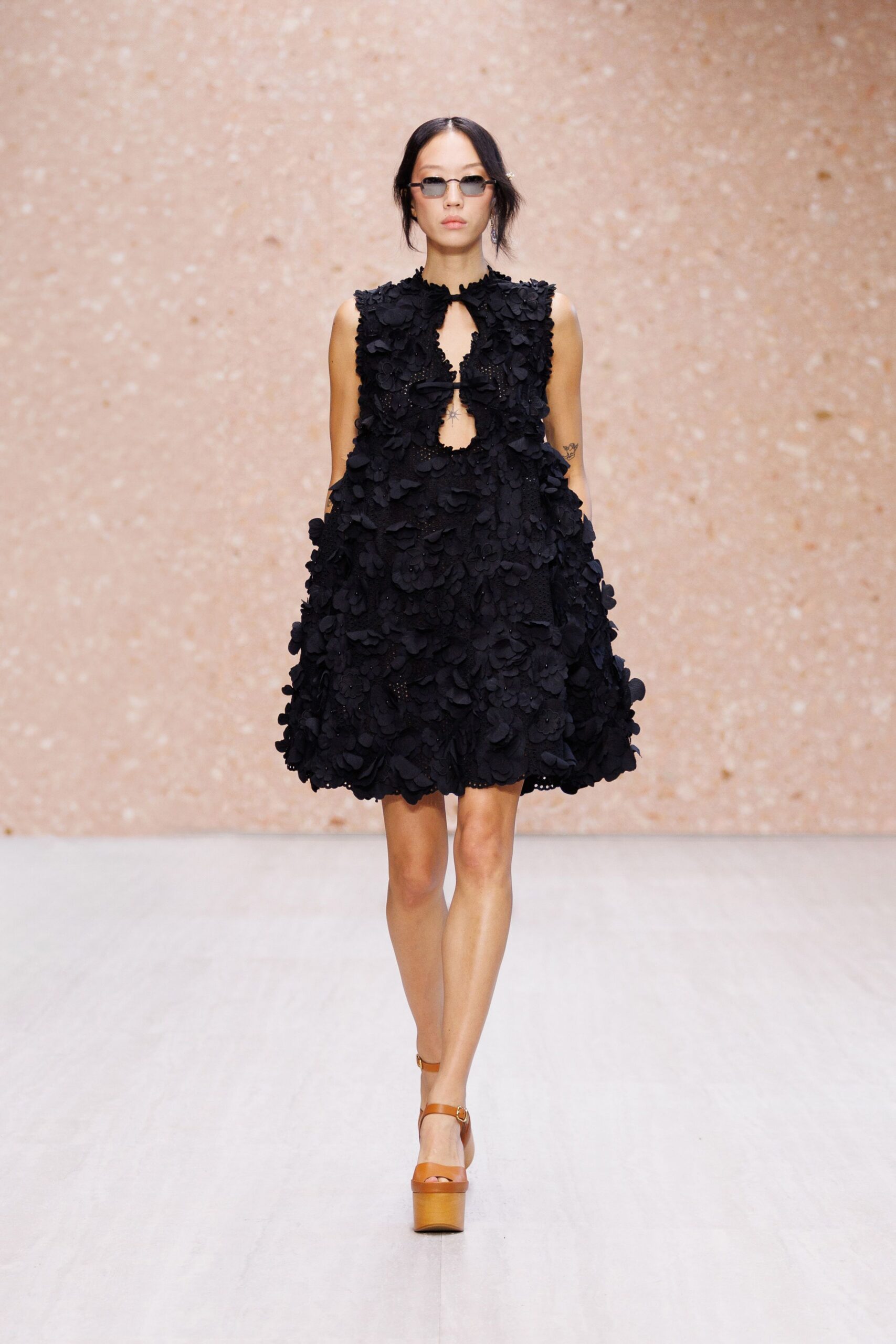 black floral appliqué cutout mini dress