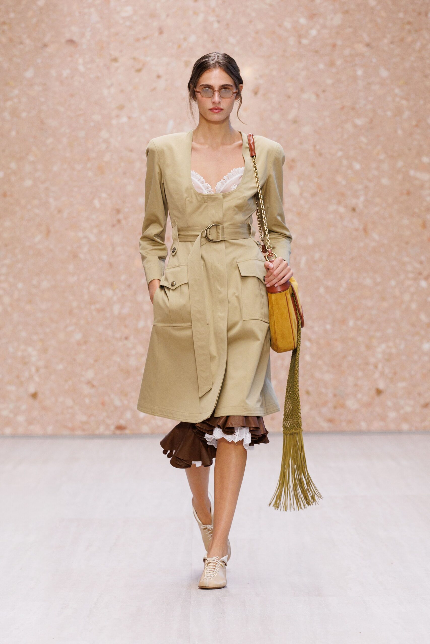 beige belted utility midi dress
