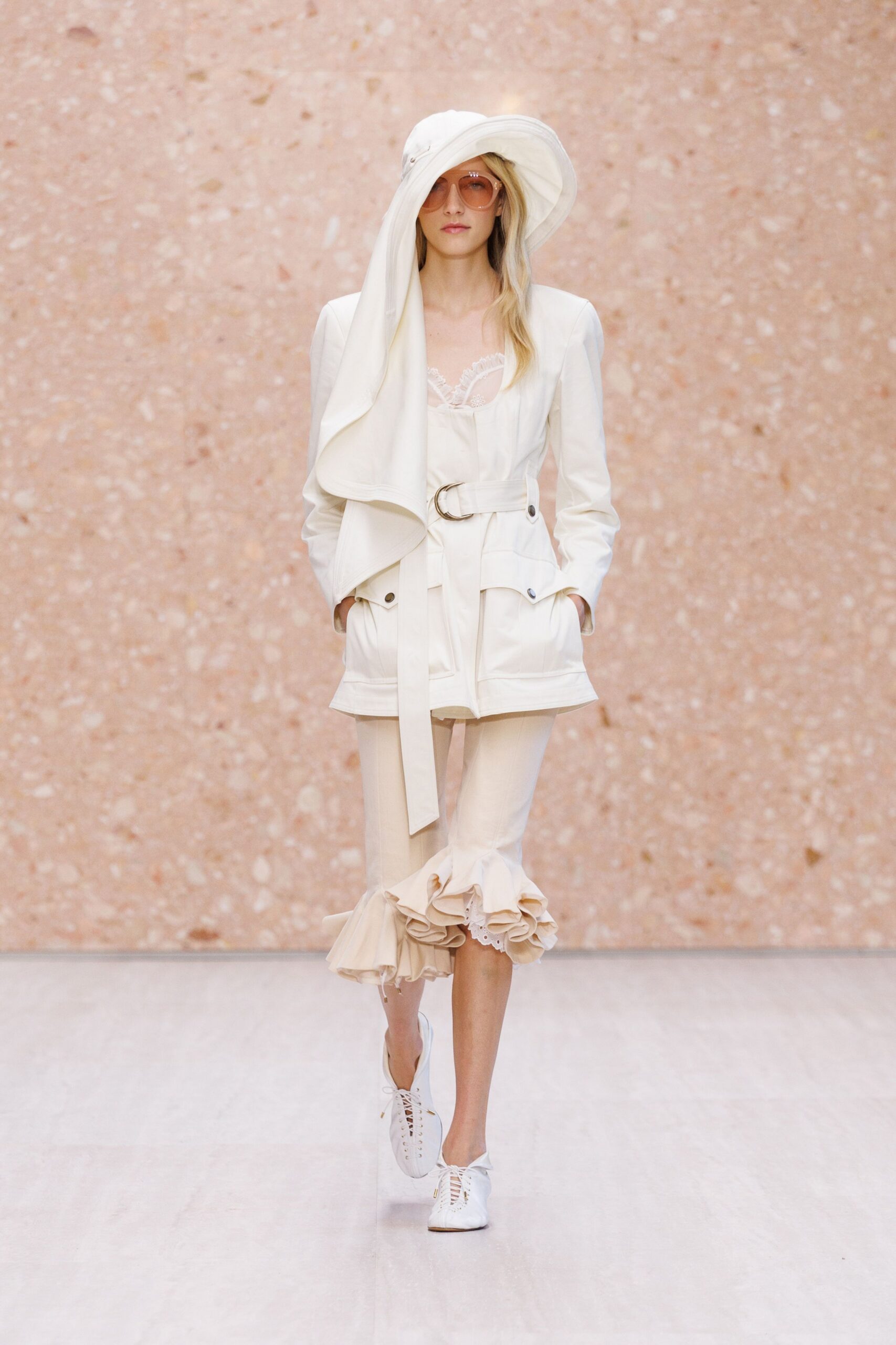 ivory long-sleeve open-front tailored belted pockets jacket