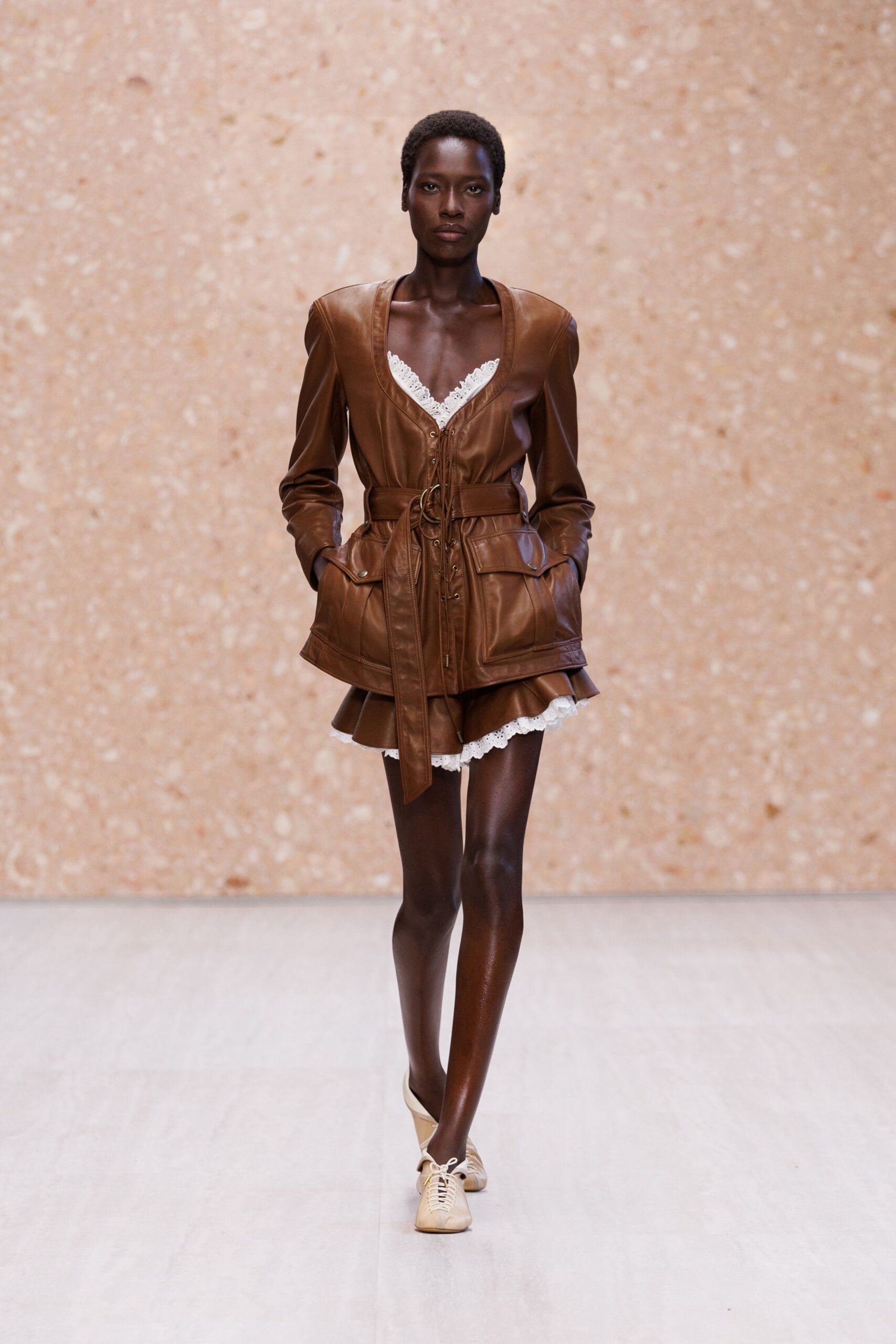 brown leather belted safari jacket