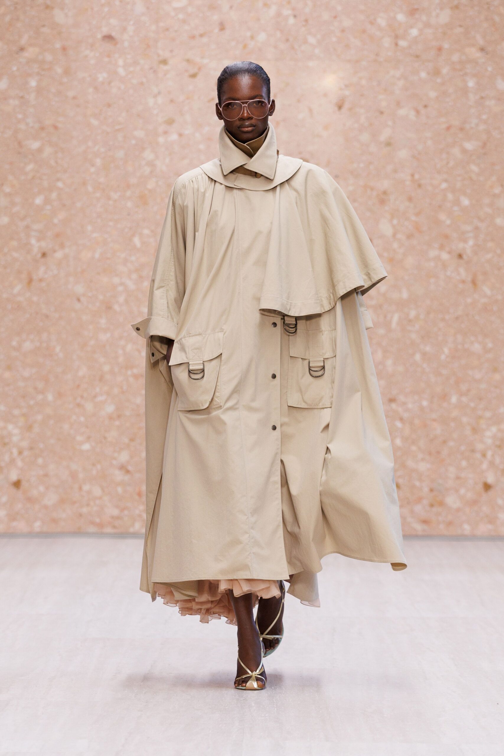 beige cotton collared open-front oversized layered pockets coat