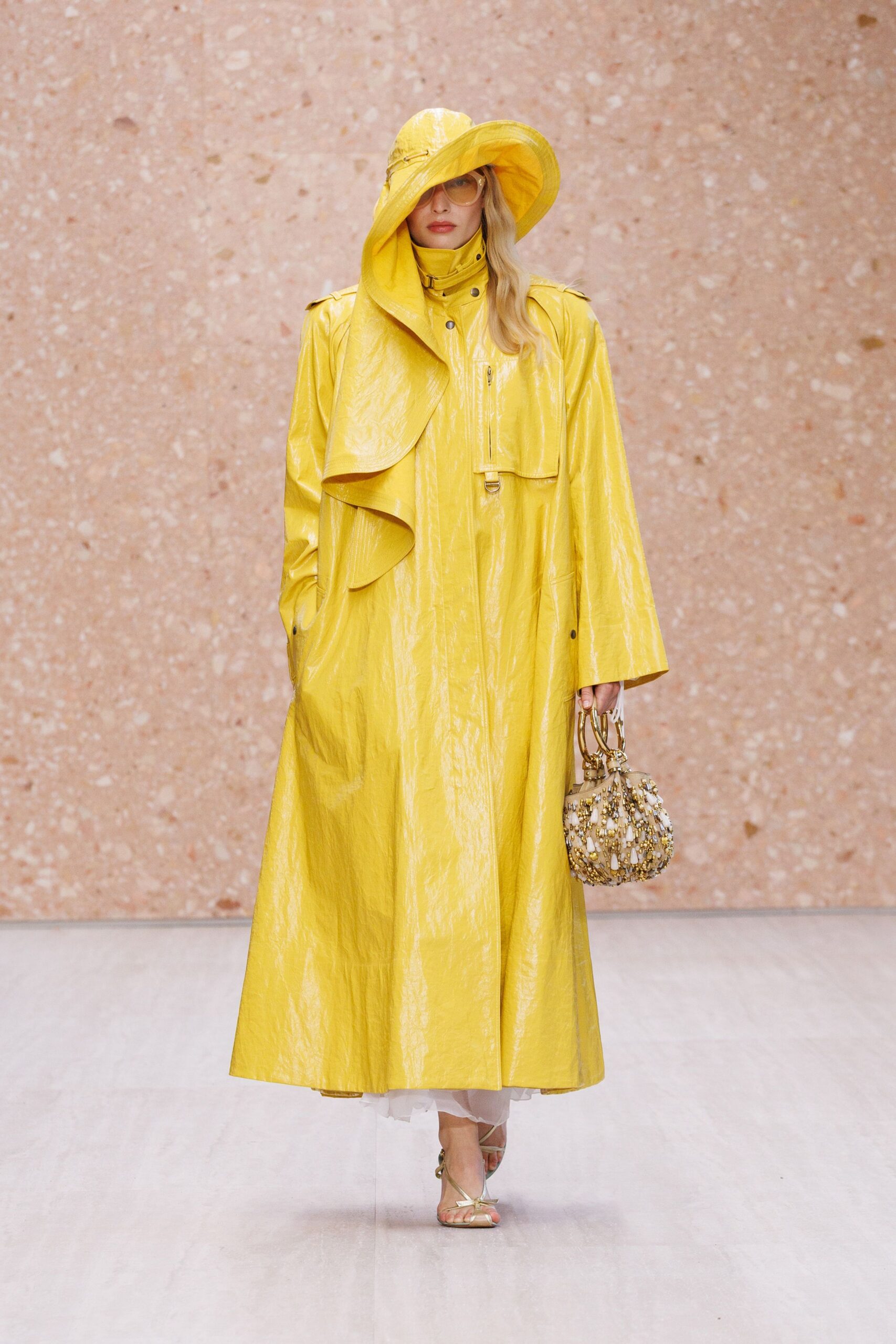 yellow leather maxi coat