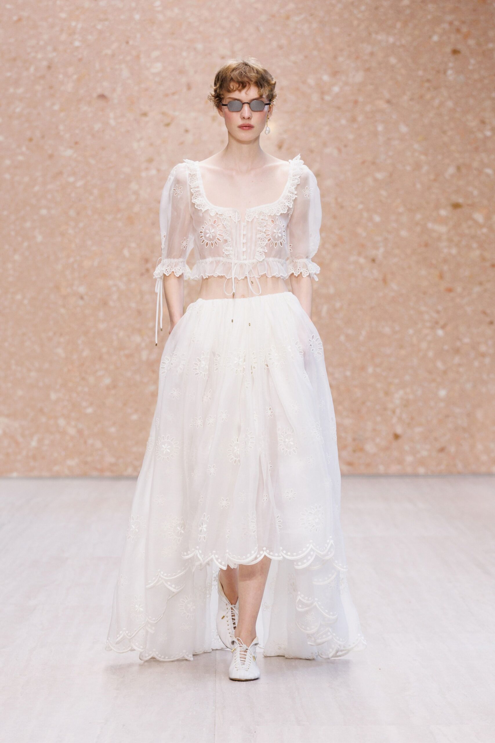 embroidered sheer high-low white skirt