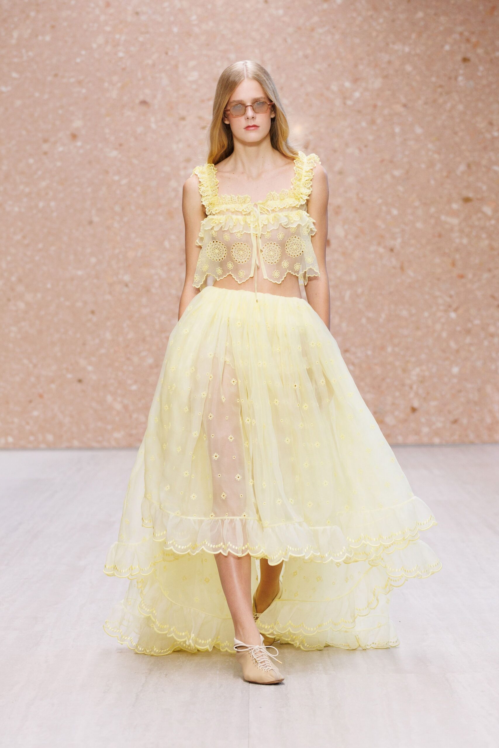 yellow tiered tulle maxi skirt