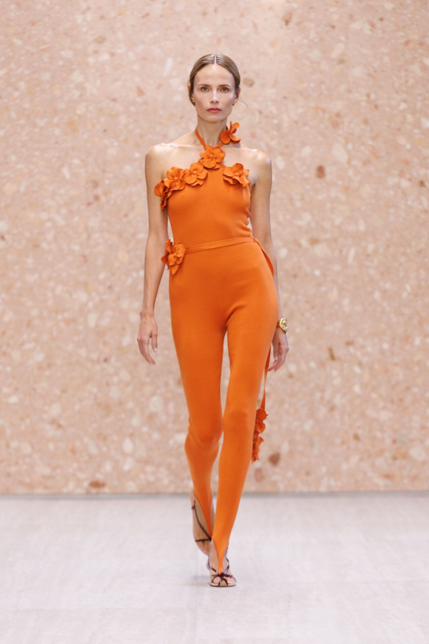 orange floral appliqué halter jumpsuit