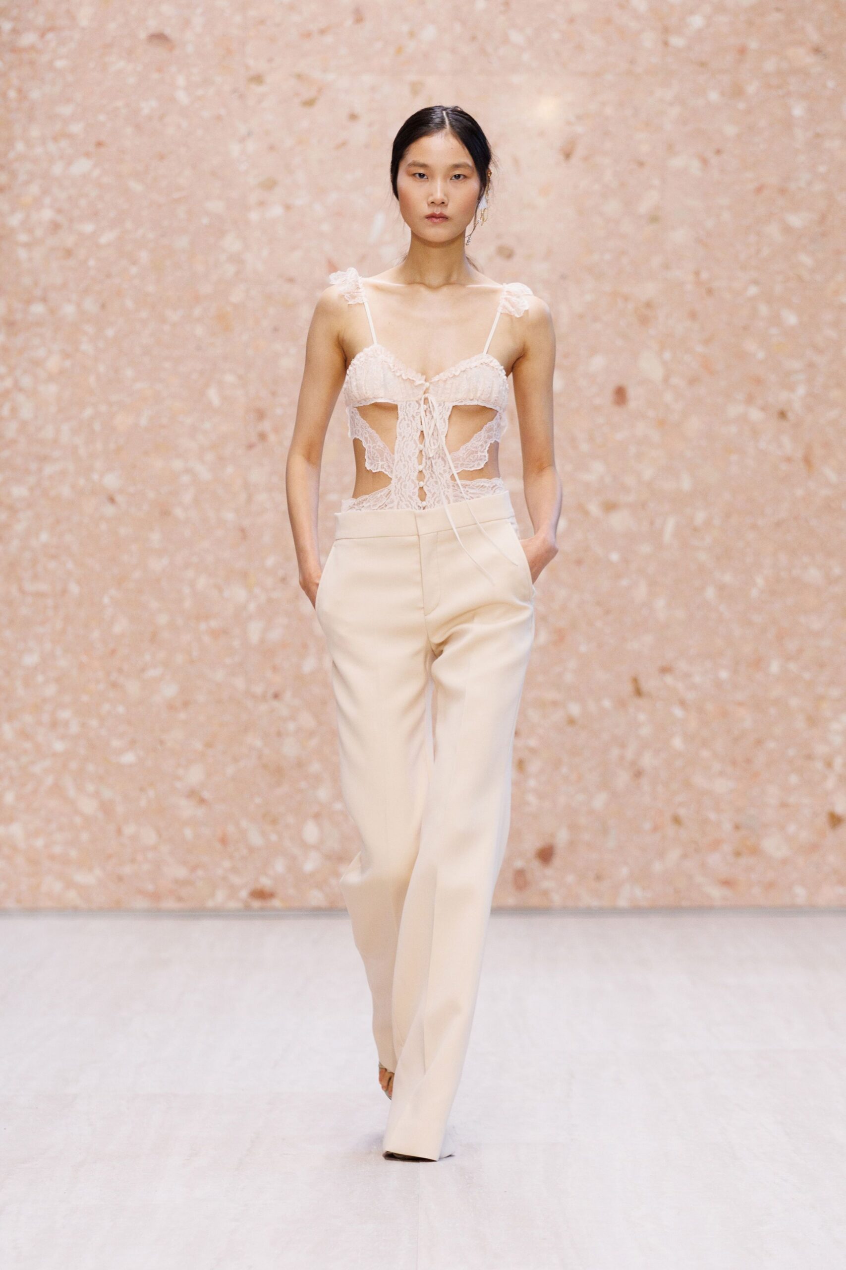 lace cutout bodysuit with wide-leg trousers
