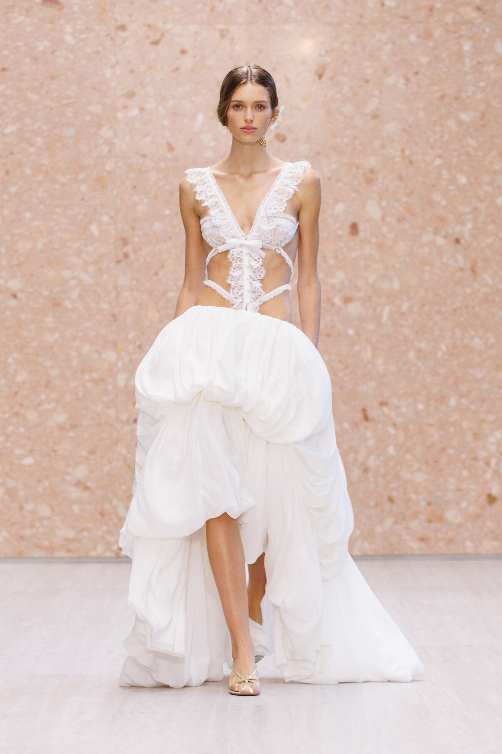 white lace cutout bridal gown