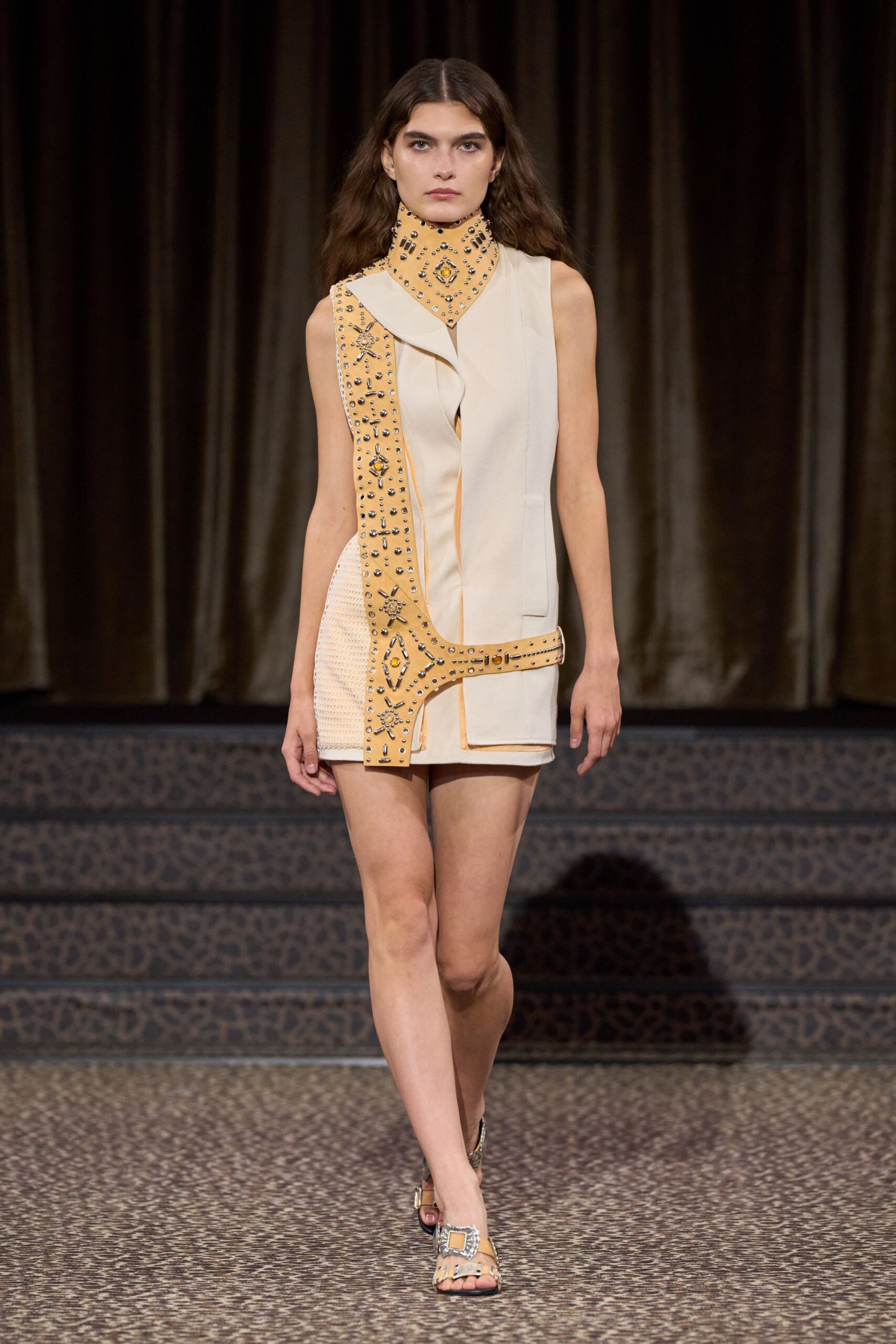 ivory sleeveless high-neck structured embellished mini mini-dress
