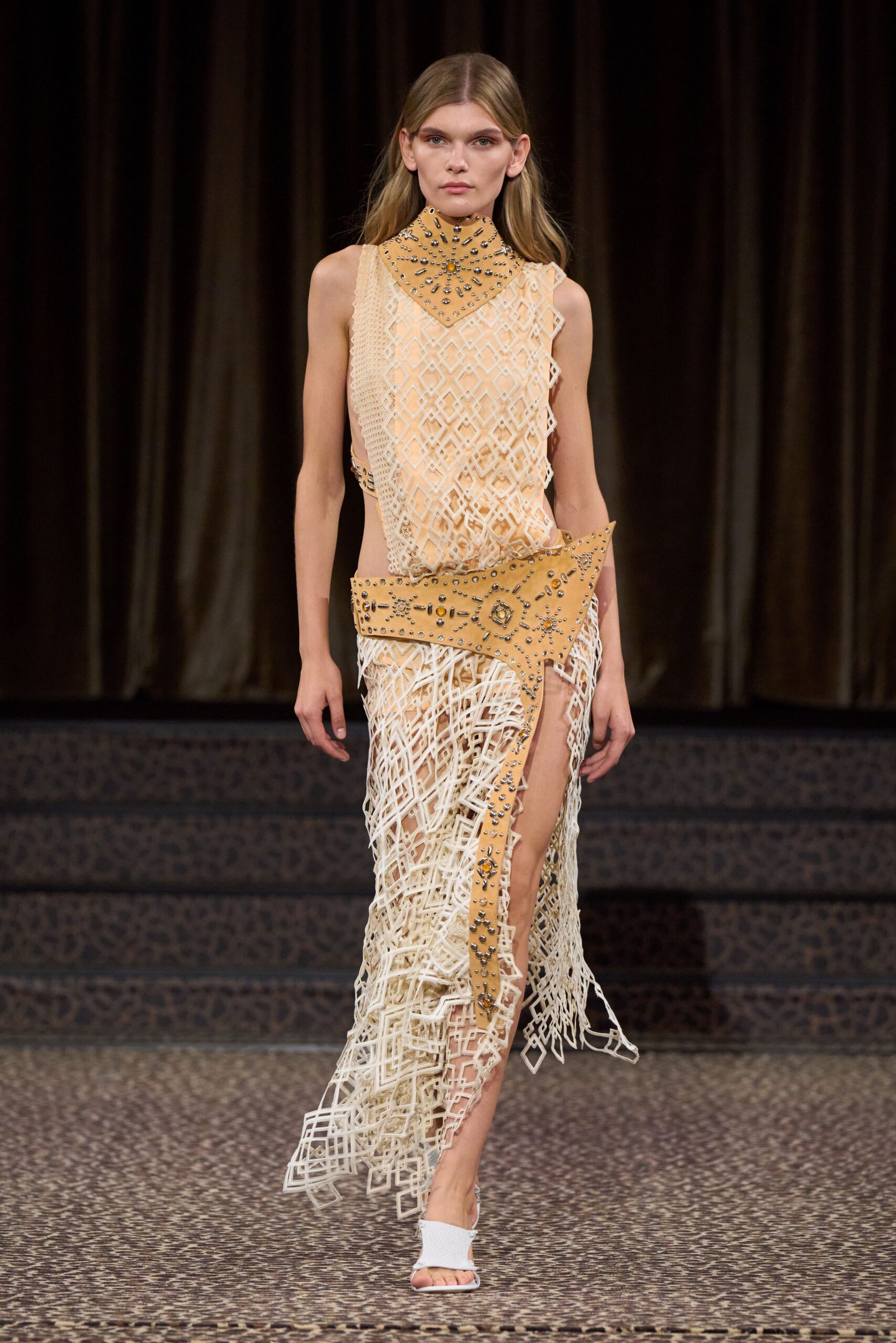 ivory lace sleeveless high-neck openwork embellished maxi-dress