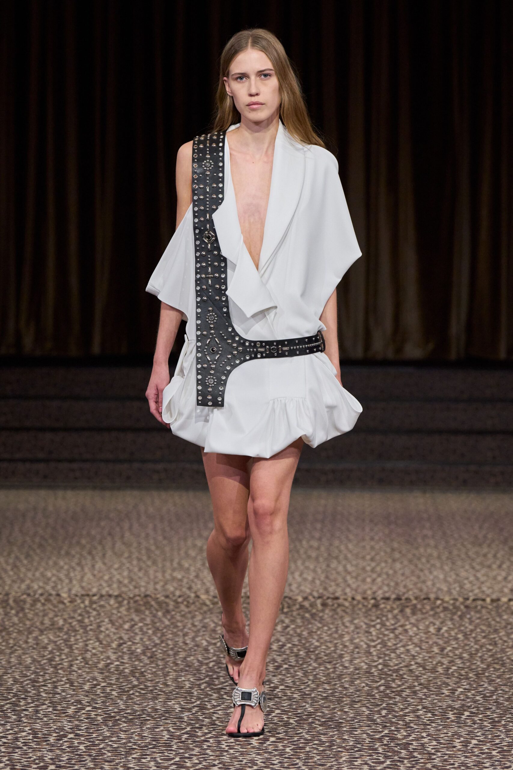 white crepe asymmetric low-cut draped belted flowing mini-dress