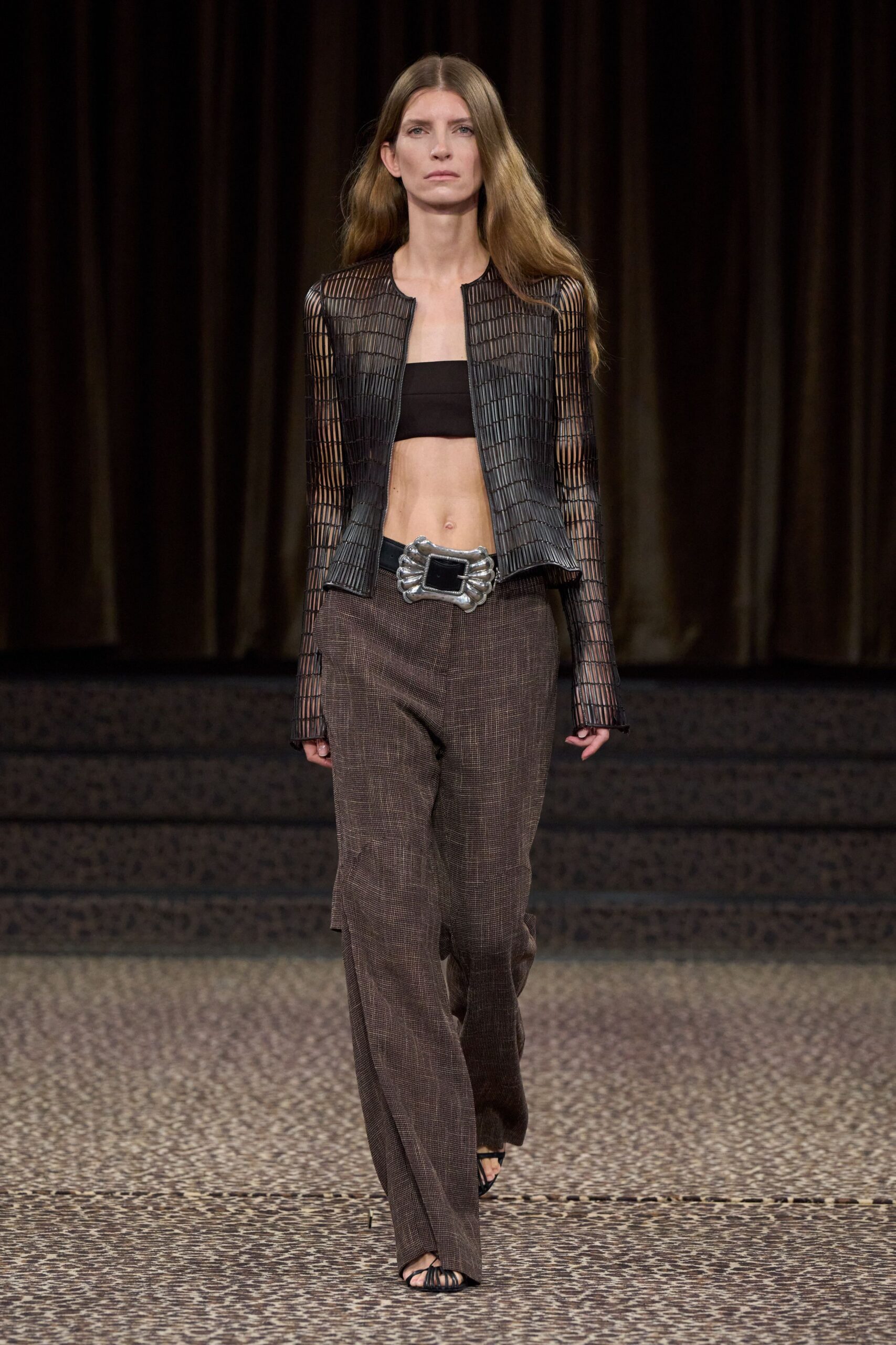 black mesh long-sleeve open-front fitted openwork panelled jacket