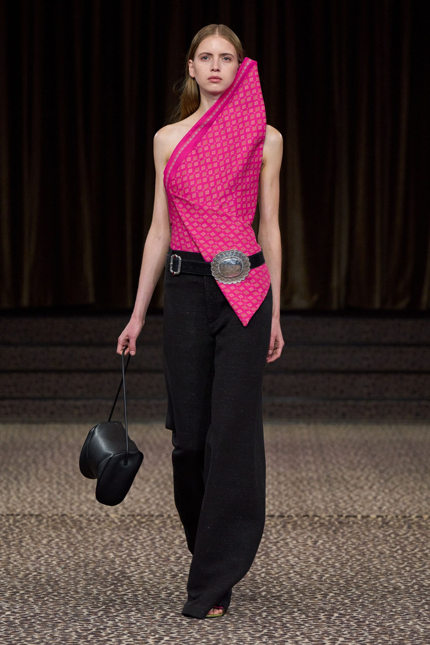 pink asymmetric off-shoulder printed draped top