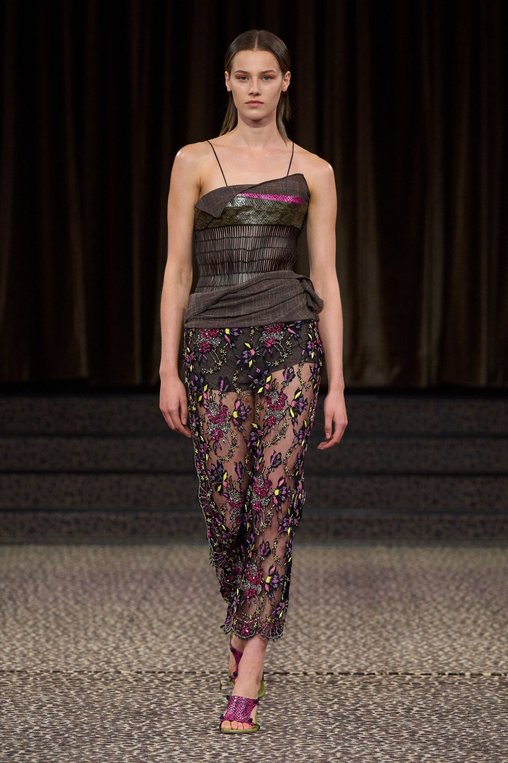 black sequin spaghetti-strap asymmetric fitted floral embroidered dress