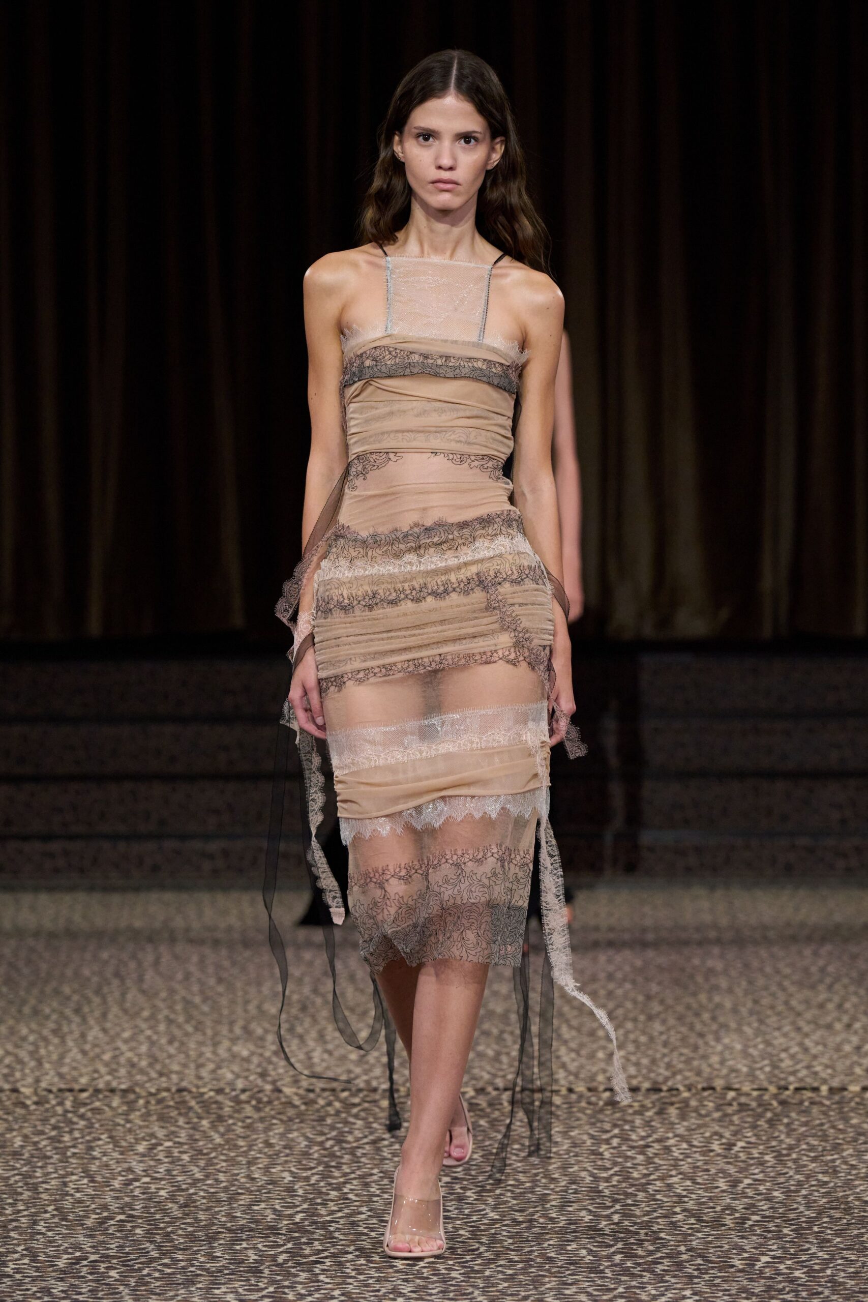 beige lace spaghetti-strap square-neck fitted ruched layered midi-dress