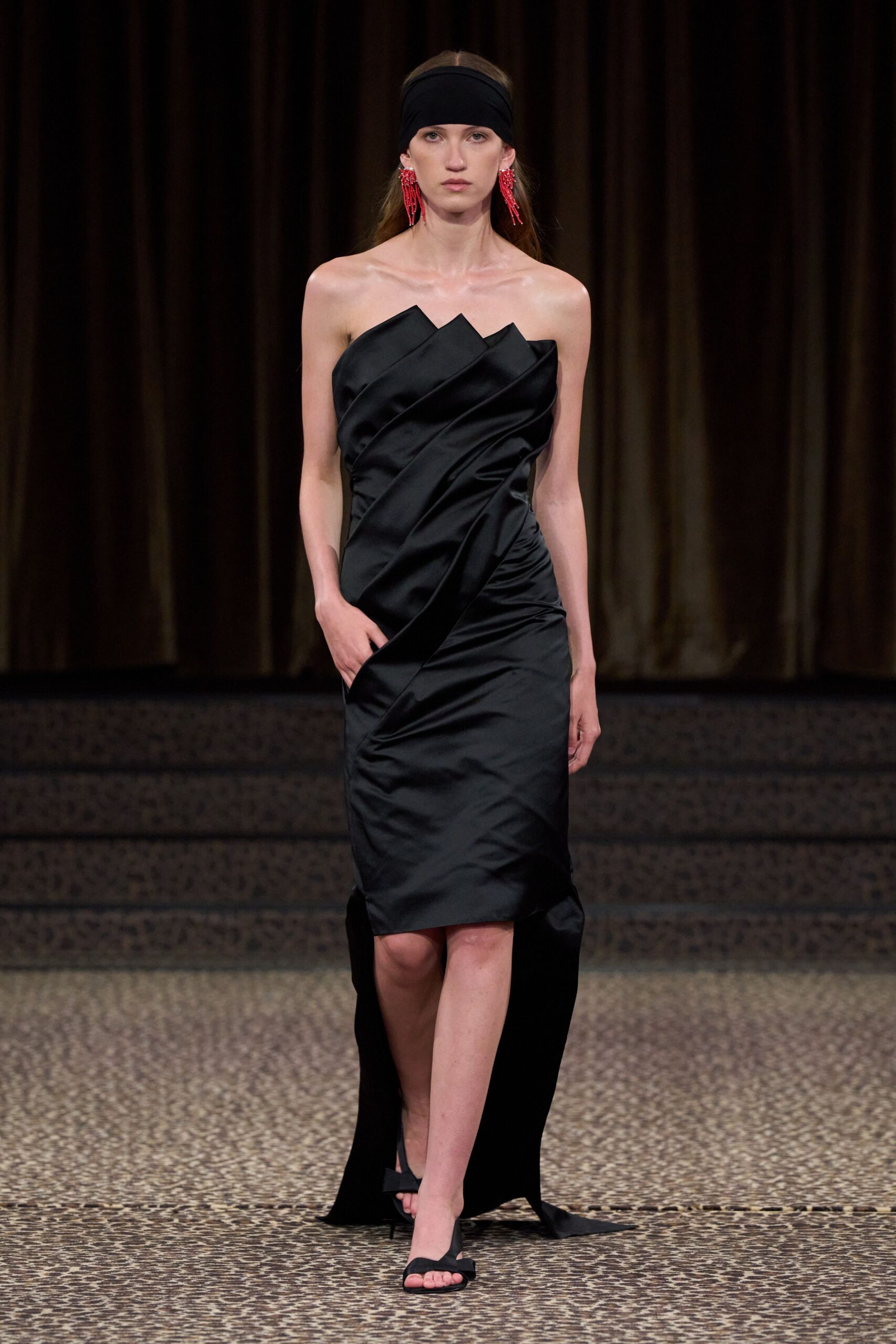 black draped strapless column gown