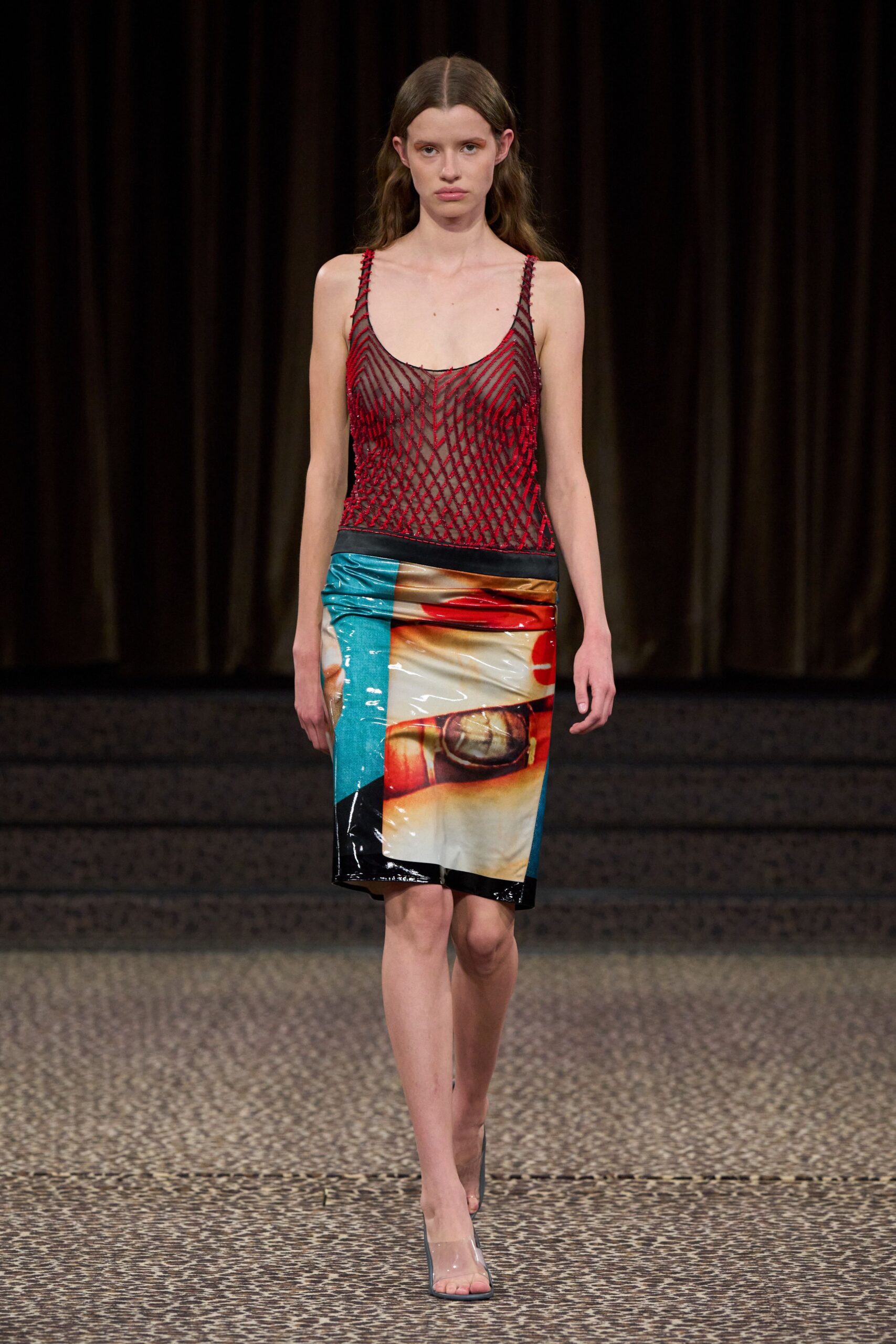 multi mesh sleeveless scoop-neck fitted printed ruched dress