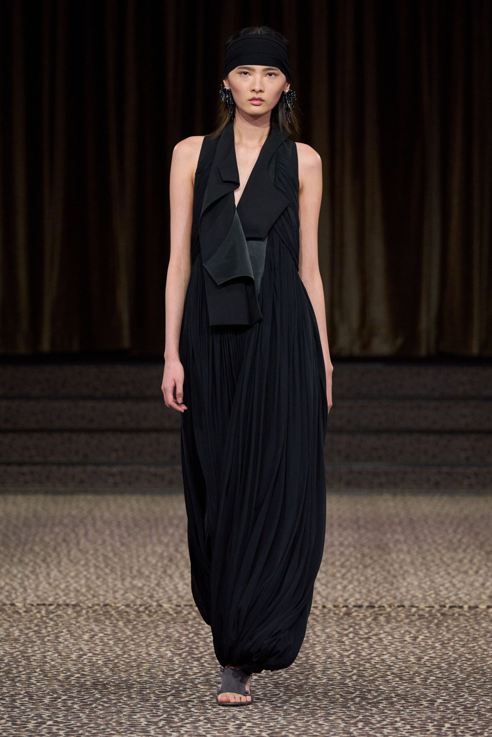 black pleated draped halter jumpsuit