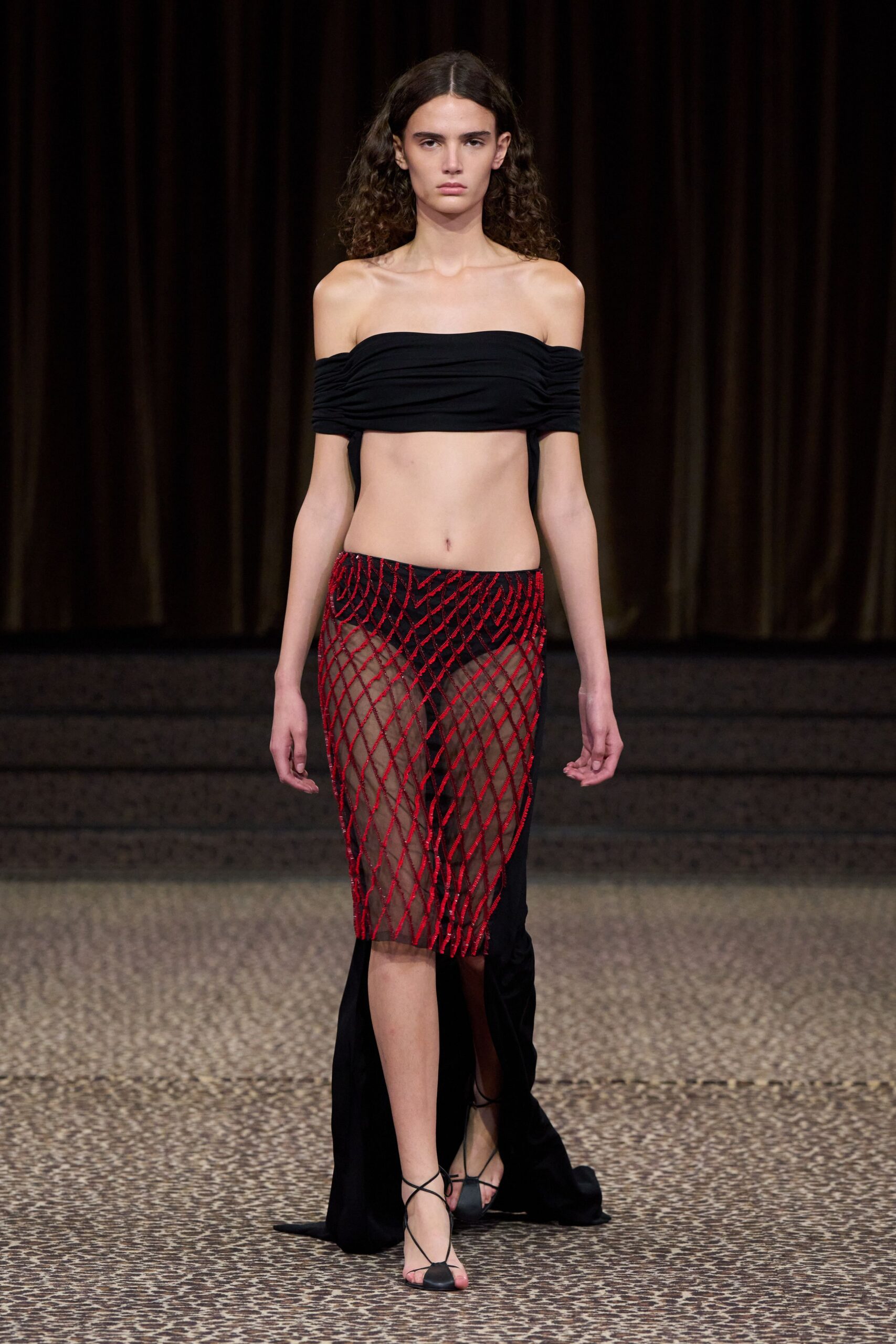 black jersey off-shoulder fitted draped cropped crop-top