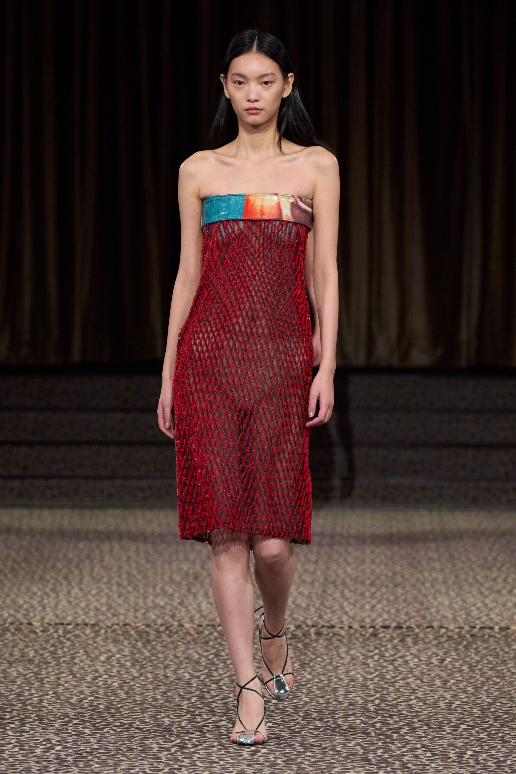 red mesh strapless beaded printed sheer textured midi-dress