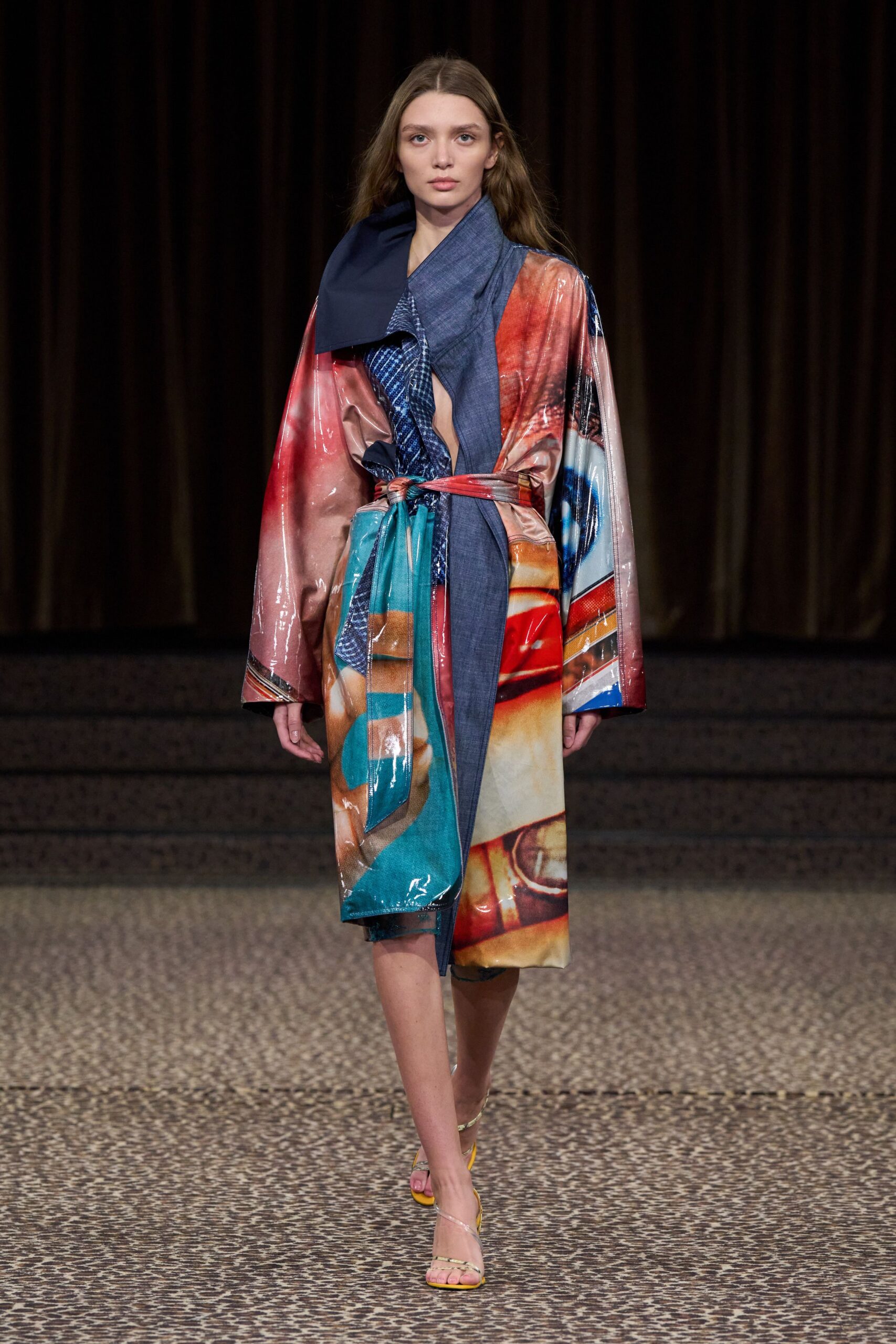 multi satin long-sleeve asymmetric printed belted shiny dress