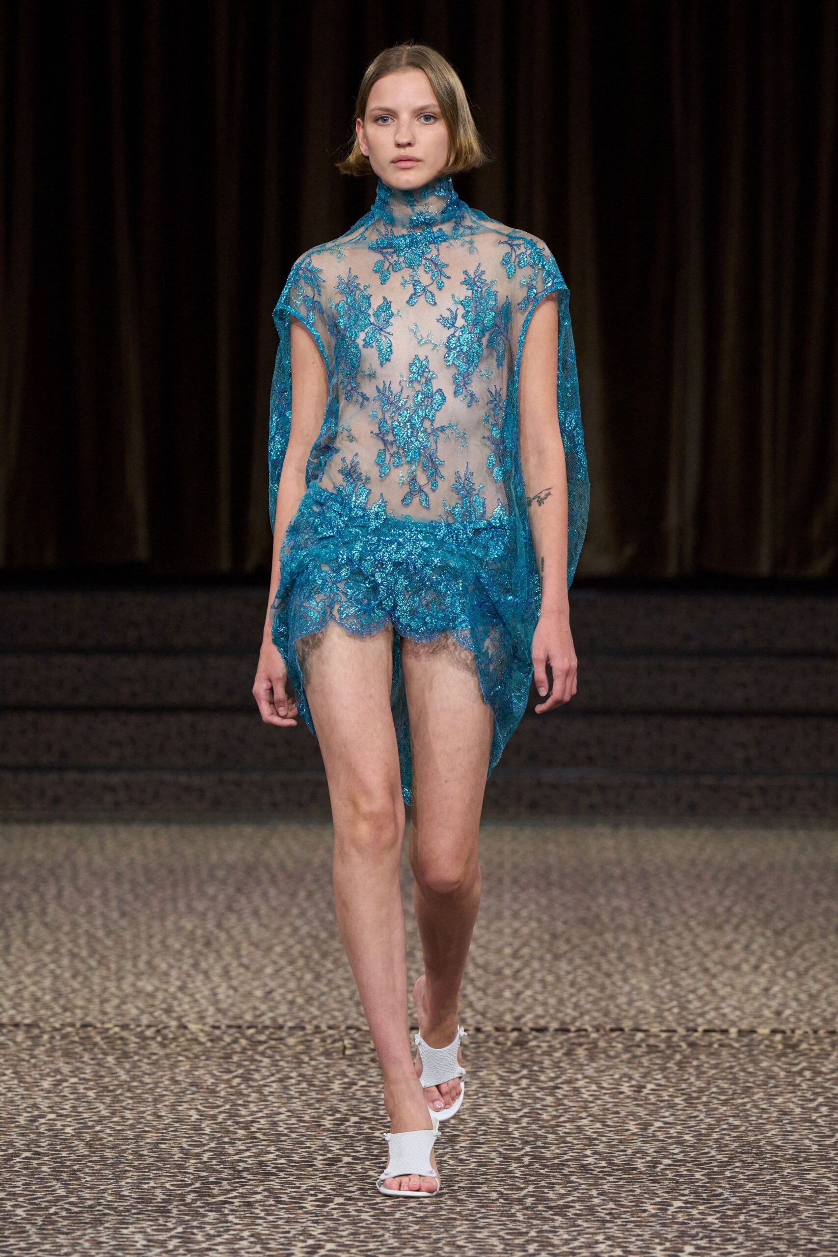 teal lace high-neck sleeveless relaxed floral embroidered dress