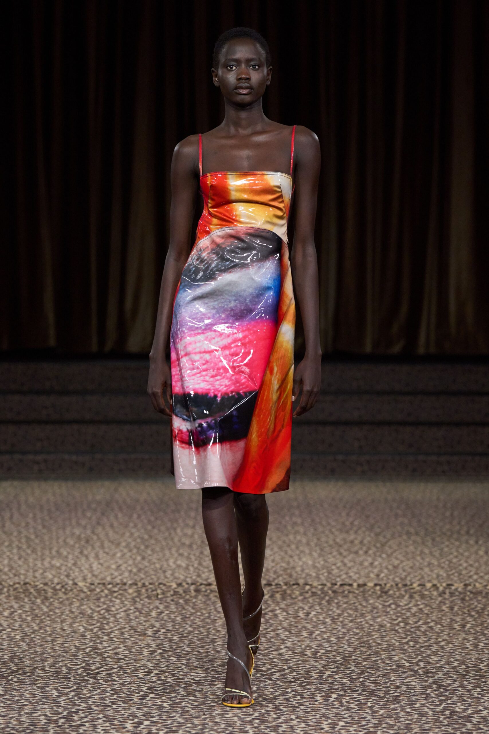 multi spaghetti-strap square-neck fitted printed shiny midi midi-dress