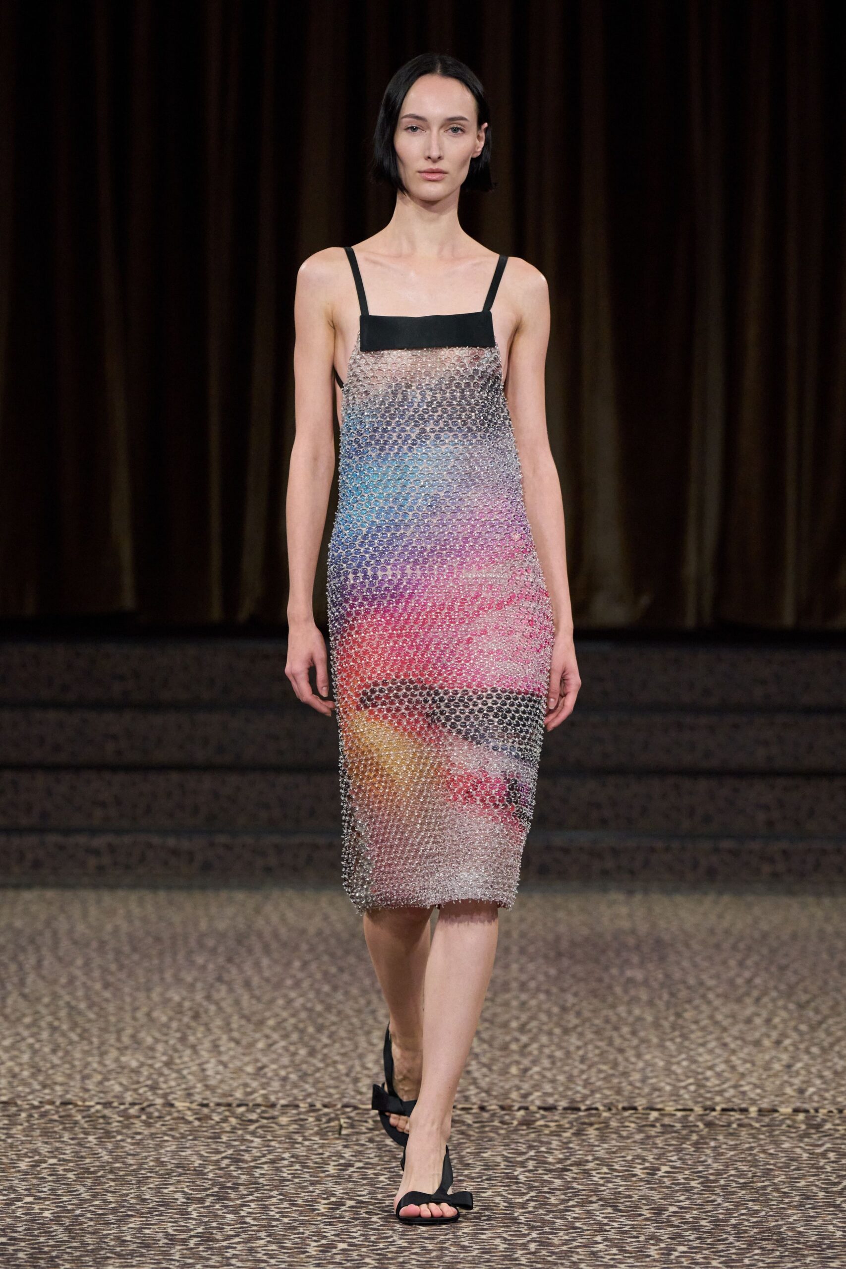 multi mesh sleeveless square-neck fitted printed embellished midi-dress