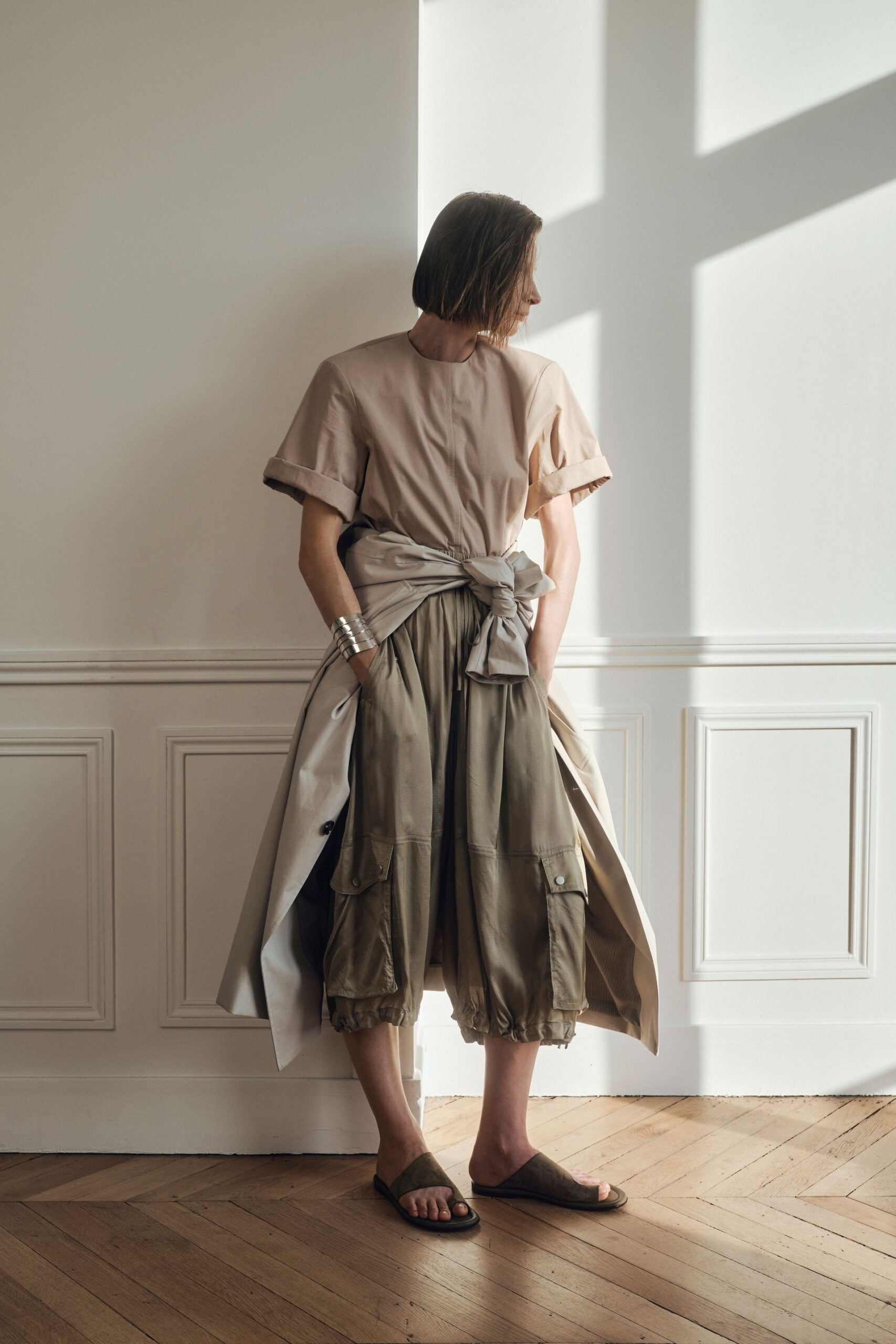 knotted waist trench over dress