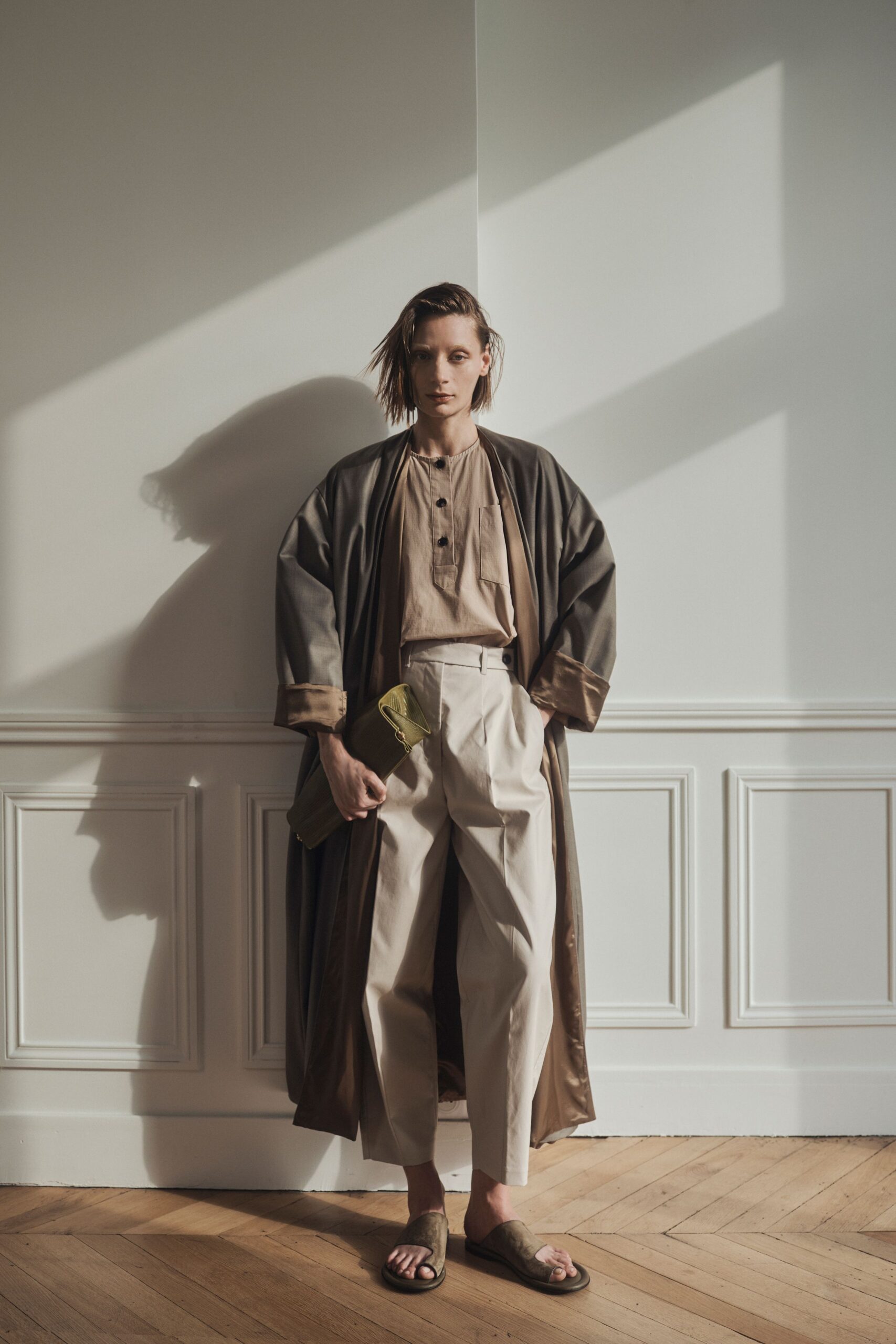 brown satin duster coat