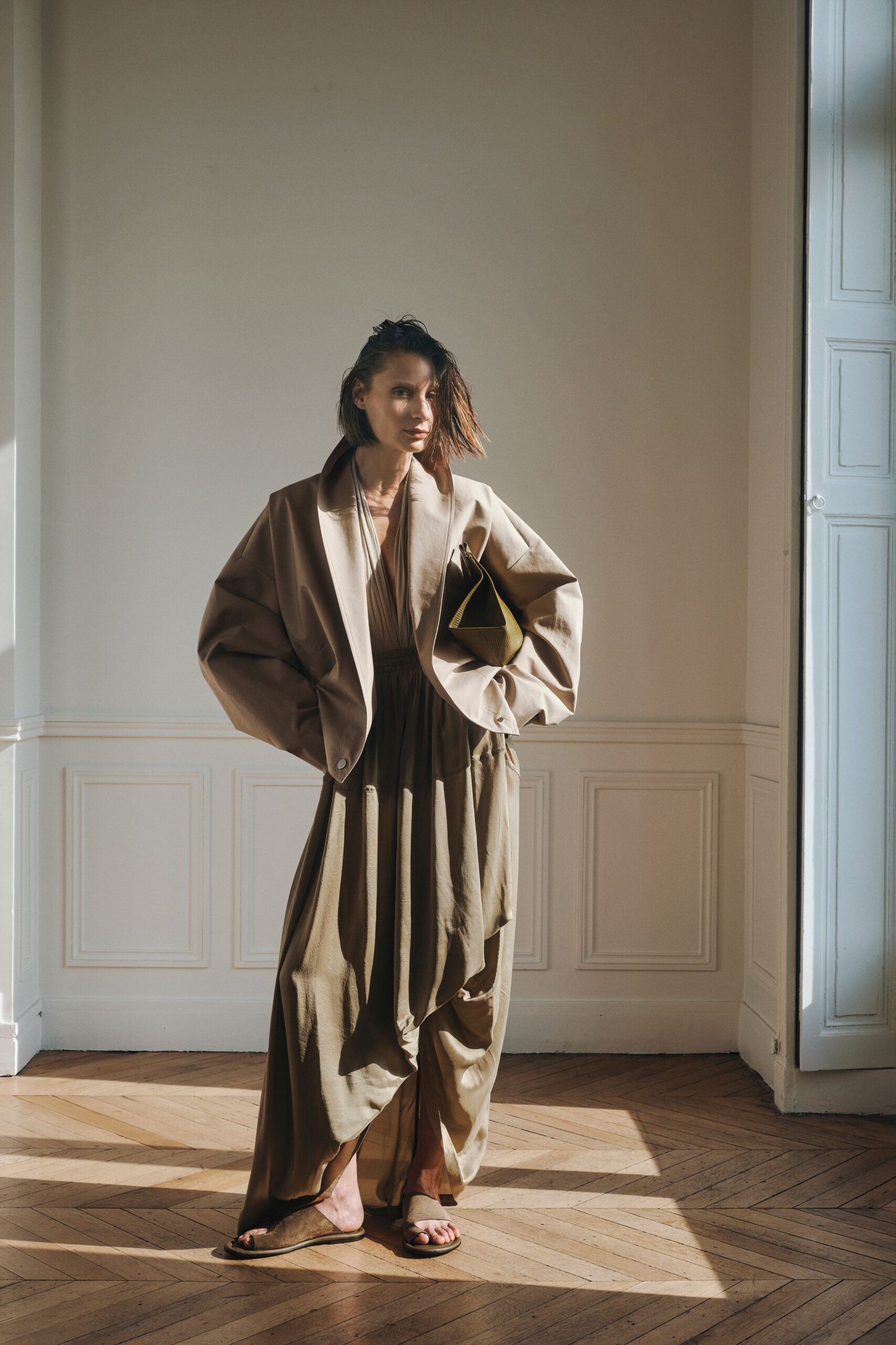 draped brown maxi dress