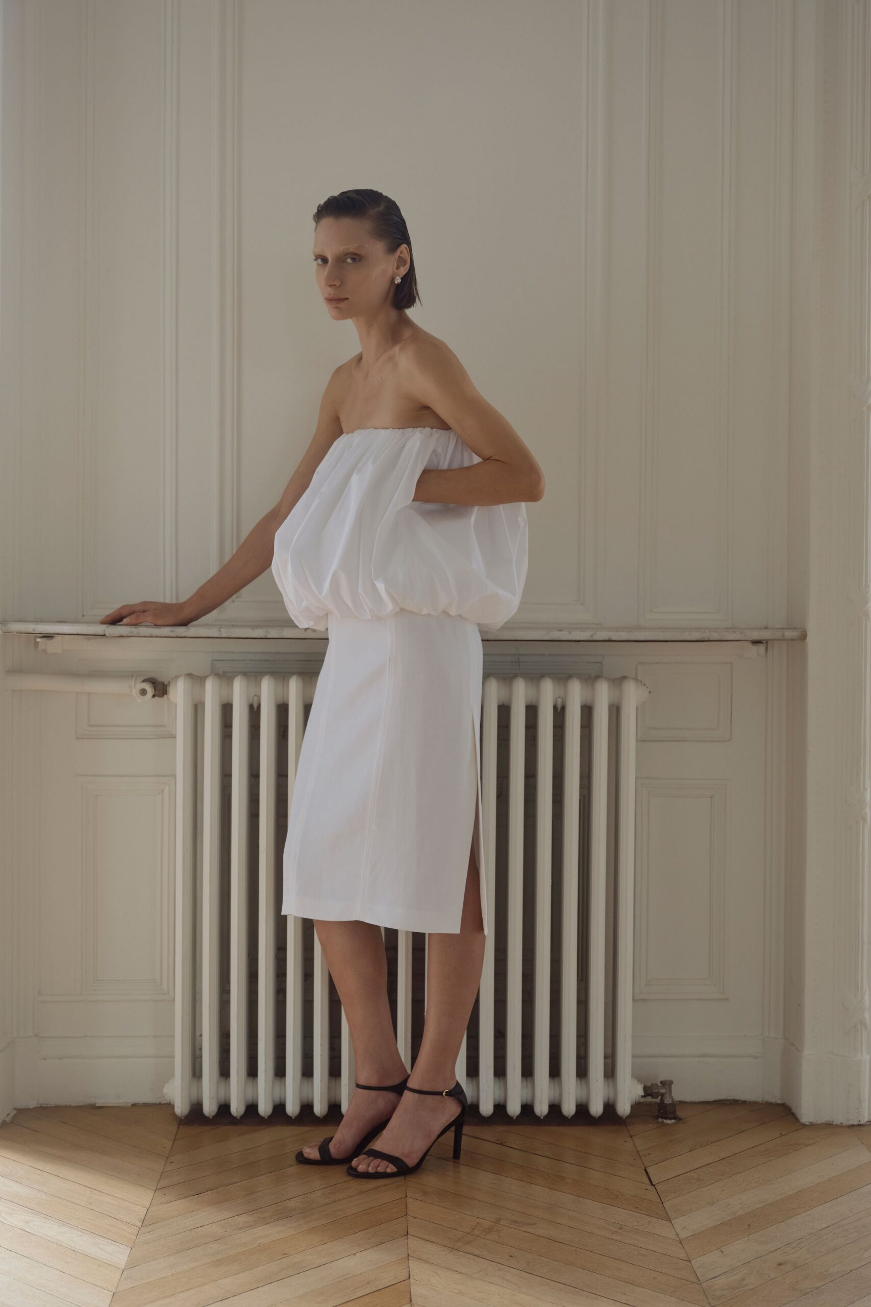 white strapless bubble bodice midi dress