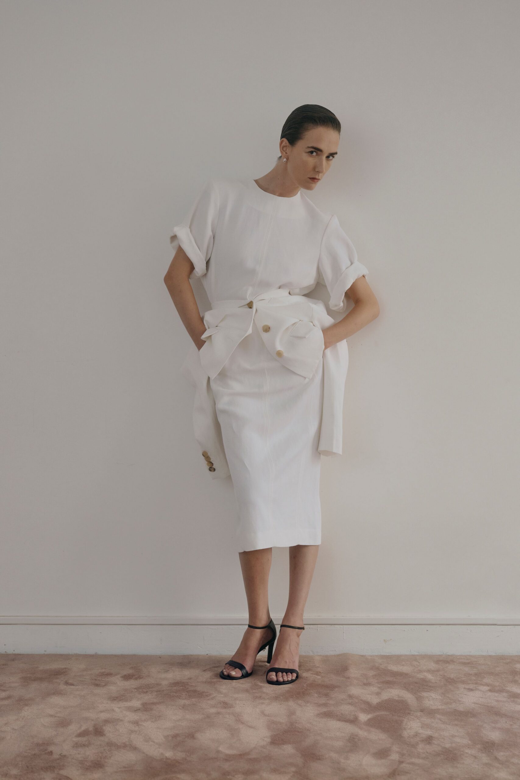 white belted midi dress