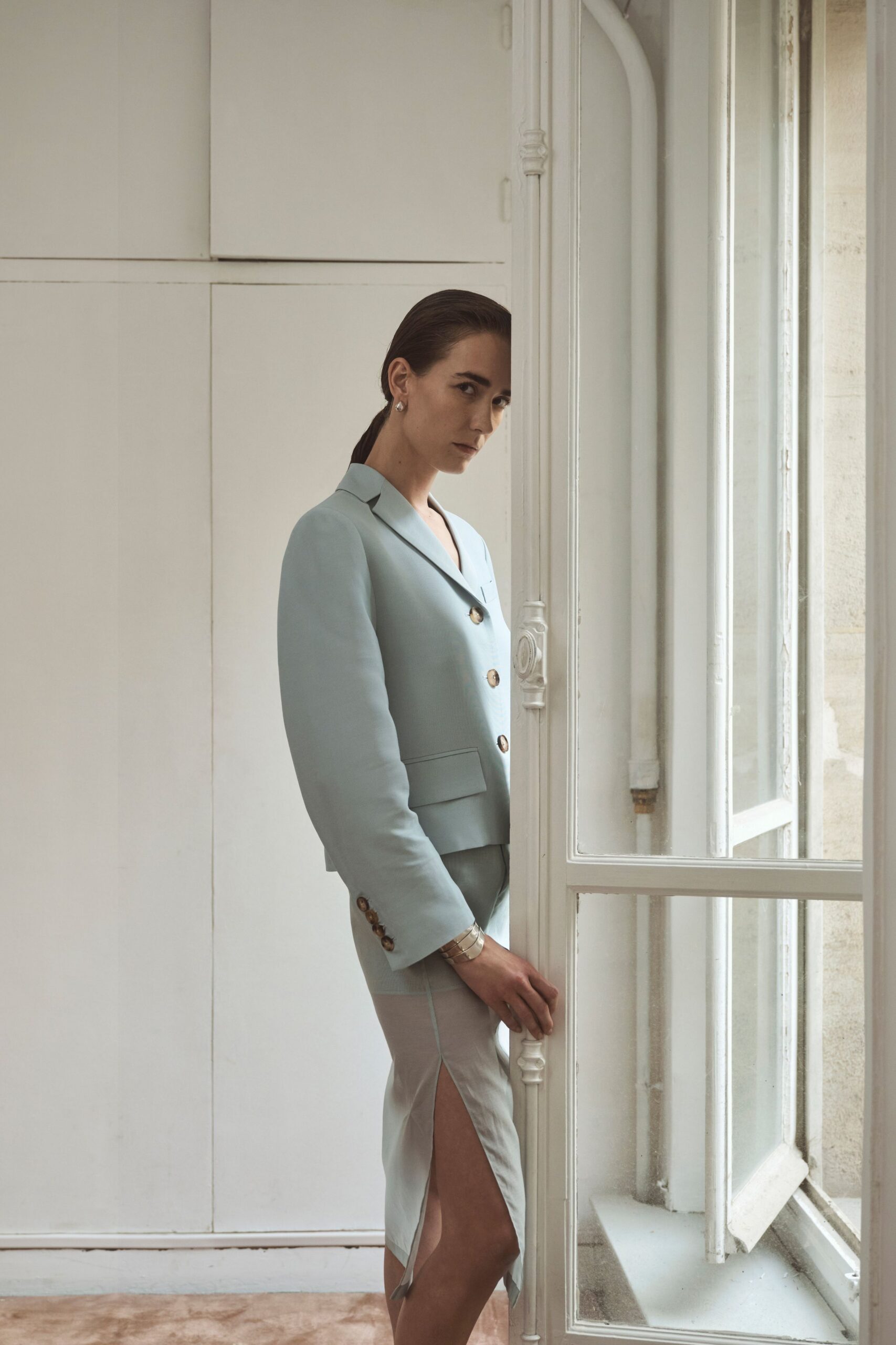 powder blue cropped blazer