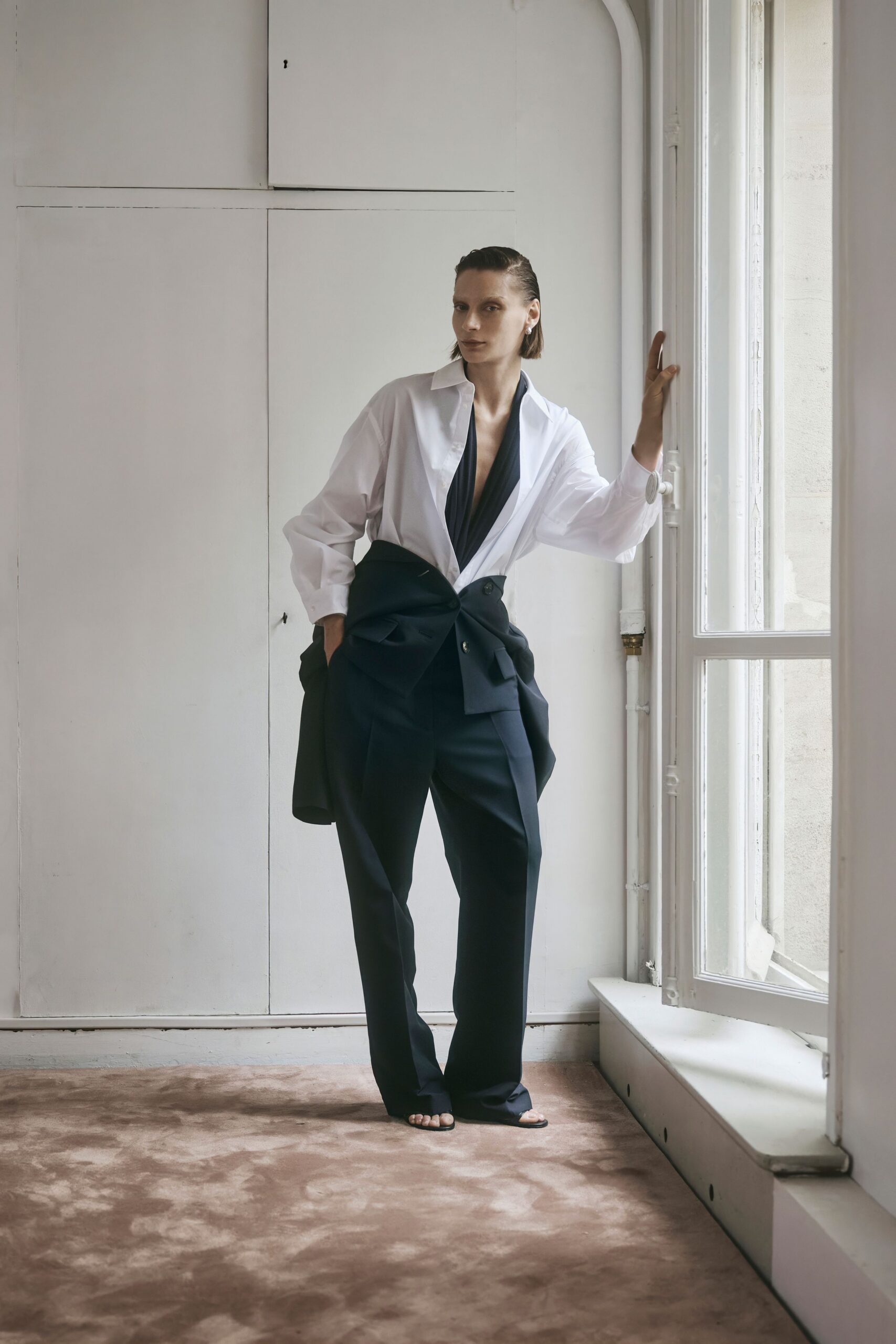 white oversized shirt with wrapped blazer