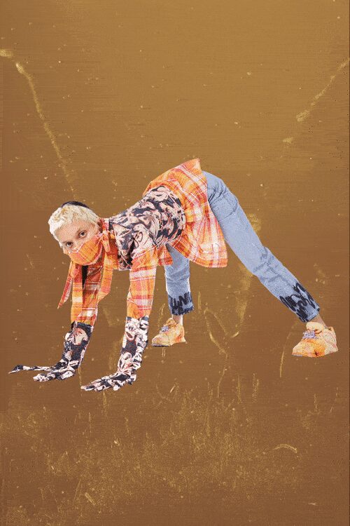 blue denim slim straight-leg printed pants