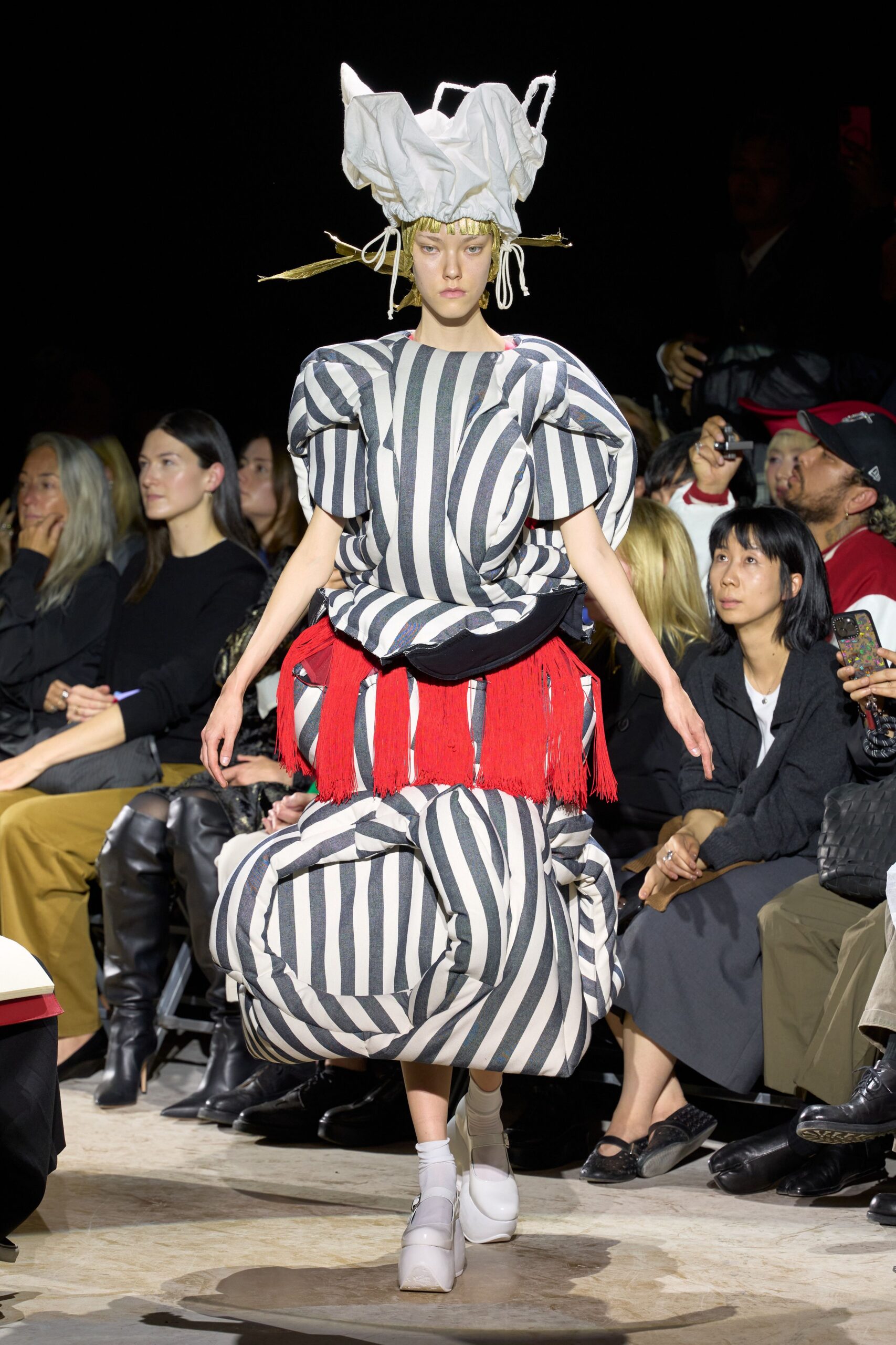 striped sculptural fringe dress